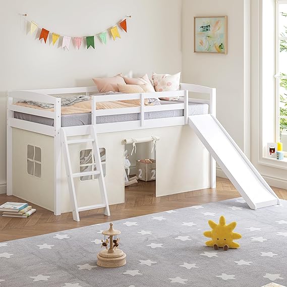 Kids Loft Bed with Slide & Tent