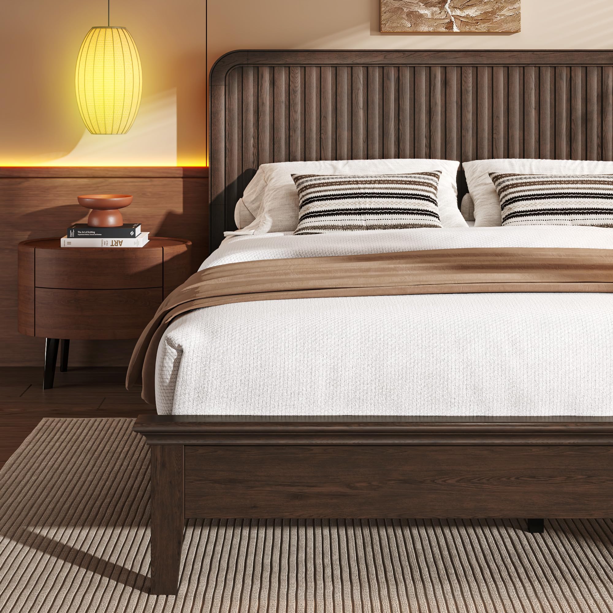 Lifezone Solid Wood Queen Size Bed Frame with Fluted Headboard, Walnut Japanese Bed Frame, Slats Support, Noise-Free, Sturdy Structure, Easy Assembly