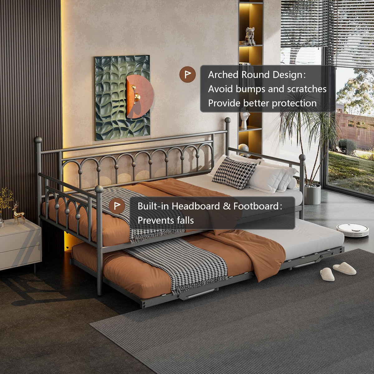 kuurfuurdo Day Bed with Trundle Bed Twin Size Metal Daybed with Pop up Trundle Daybed Farme Space Saving Sofa Bed for Adults Kids Bedroom Guest Room Living Room No Box Spring Needed