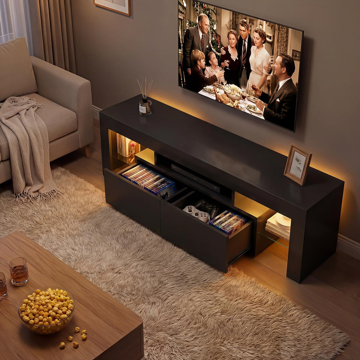 YESHOMY 63 Inch LED TV Stand for 70" TV, Modern Entertainment Center, Black