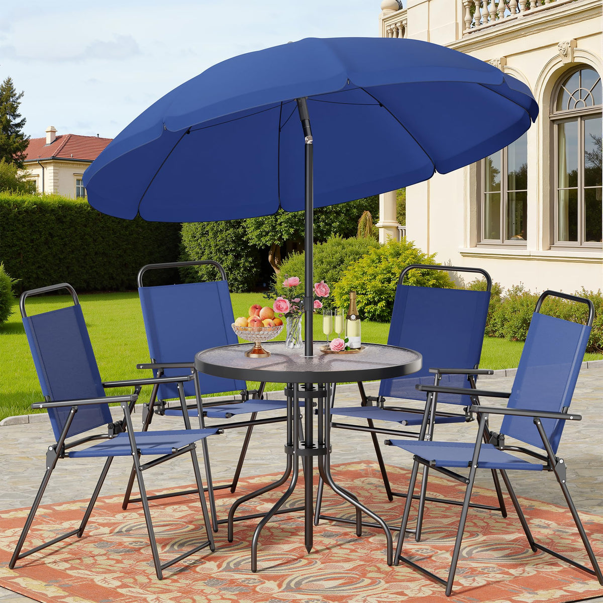 Shintenchi 6 Piece Patio Dining Set with Umbrella, Outdoor Furniture Set with 4 Folding Chairs and Tempered Glass Top Dining Table fot Lawn Backyard Garden Porch, Dark Blue