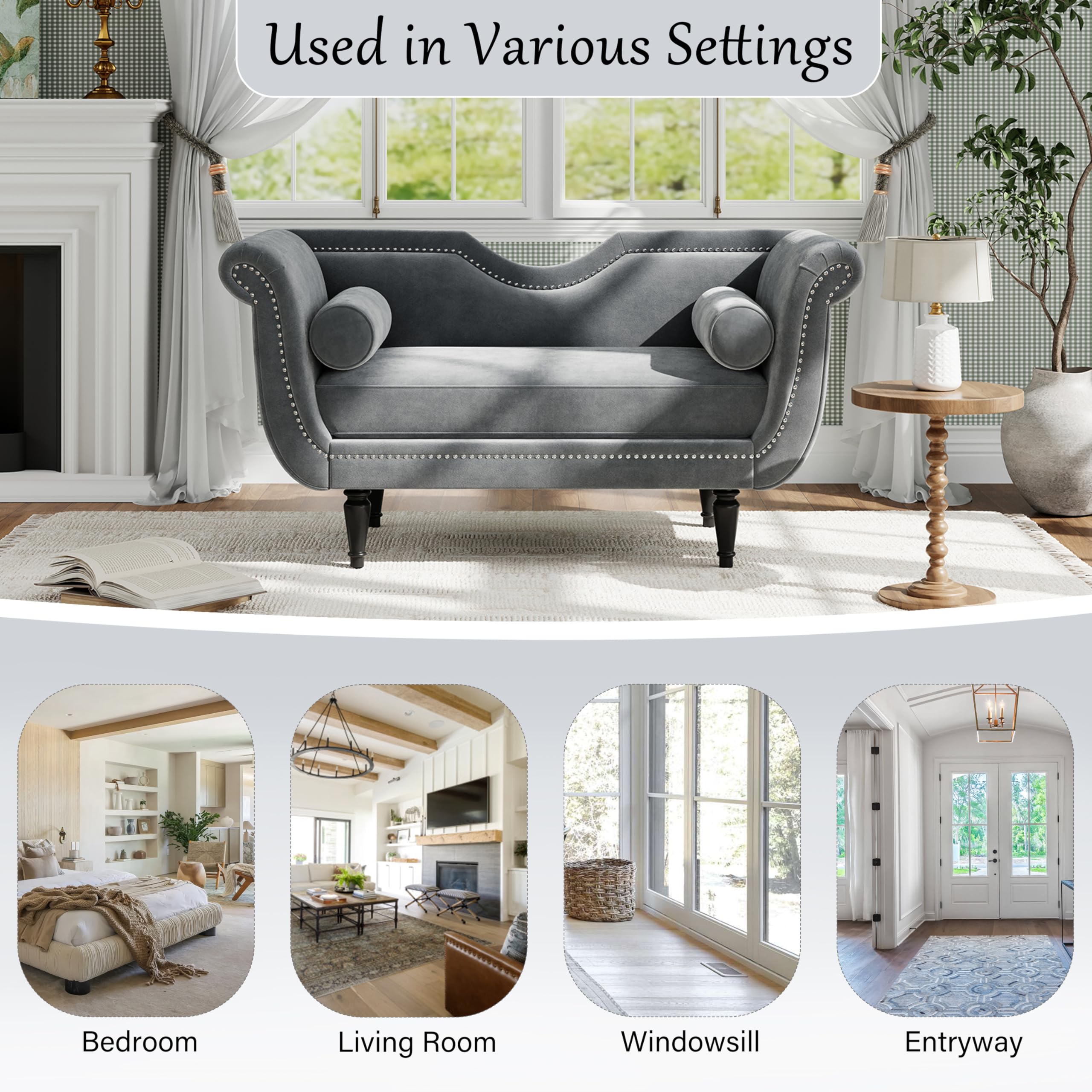 Velvet Ottoman Bench with Bolster Pillows & Nailhead Trim