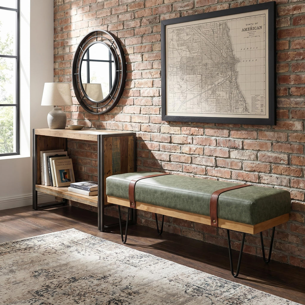 LukeAlon 44" Green PU Leather Ottoman Bench, Modern Upholstered Storage with Industrial Hairpin Legs for Entryway, Bedroom & Living Room Christmas Green