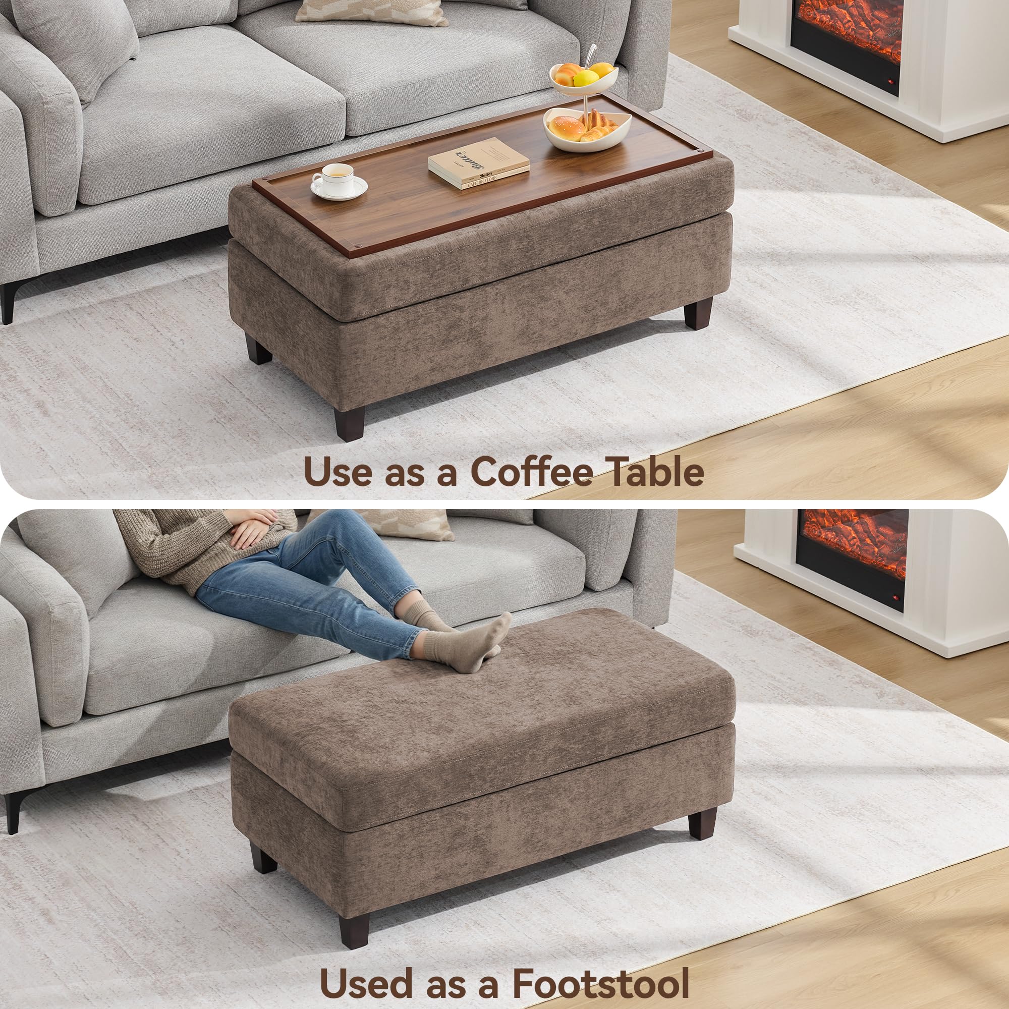 45 Inch Large Storage Ottoman Bench with Wooden Tray Coffee Table, Brown Chenille Upholstered Foot Rest, Multifunctional Foot Stool Ottoman for Living Room, Bedroom & Entryway, Solid Wood Legs