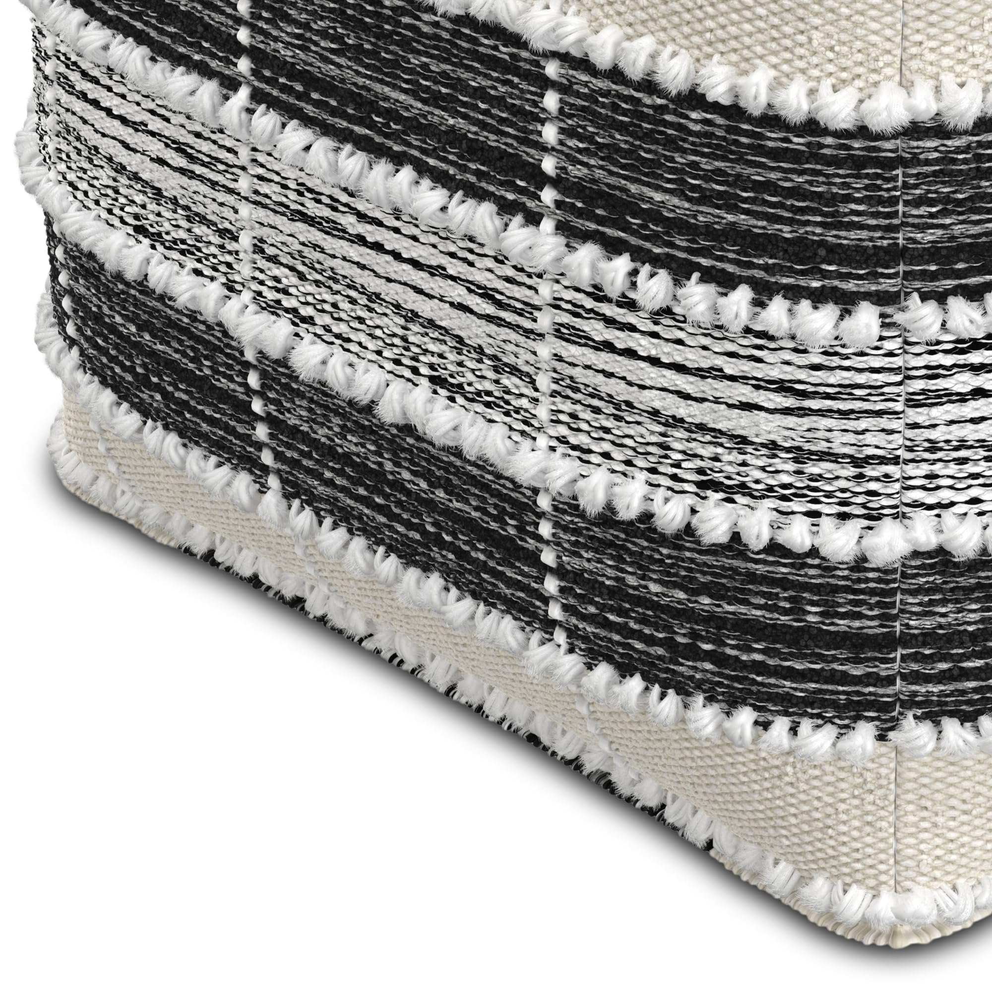 SIMPLIHOME Barley Square Pouf - 18 inch Wide Handcrafted Woven Polyester Pouf in White, Beige and Black, Boho Footstool or Extra Seating for Living Room or Patio with Polystyrene Filling, Assembled