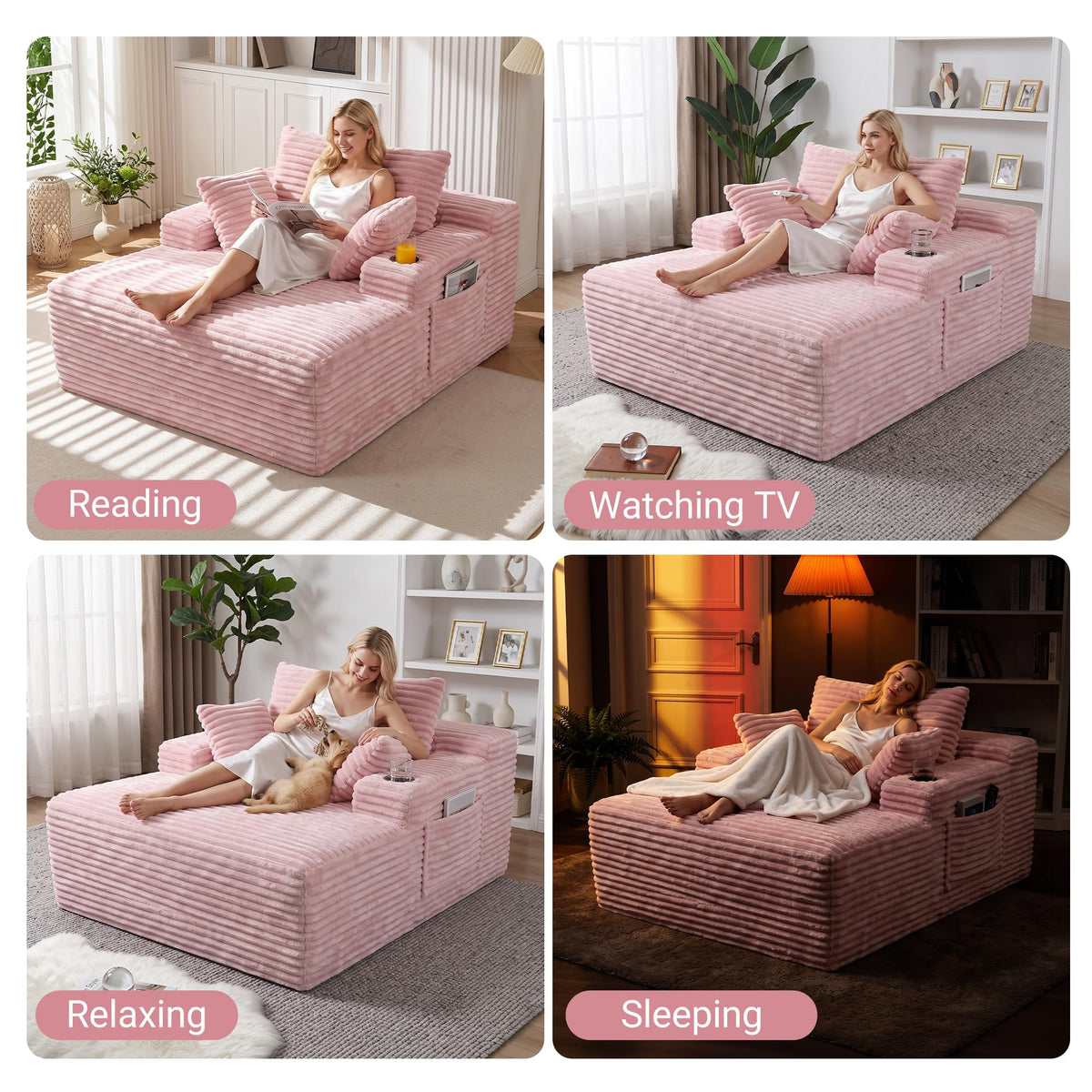Oversized Chaise Lounge Chair Indoor, Upholstered Boneless Sofa Bed, Corduroy Deep Seat Sleeper Couch Reading Chairs with 1 Cup Holder, 2 Side Pockets & 3 Pillows, No Assembly (Pink, Oversized)
