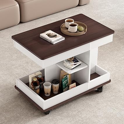 Lift-Top End Table with 360° Rotating Top, Storage & Lockable Wheels