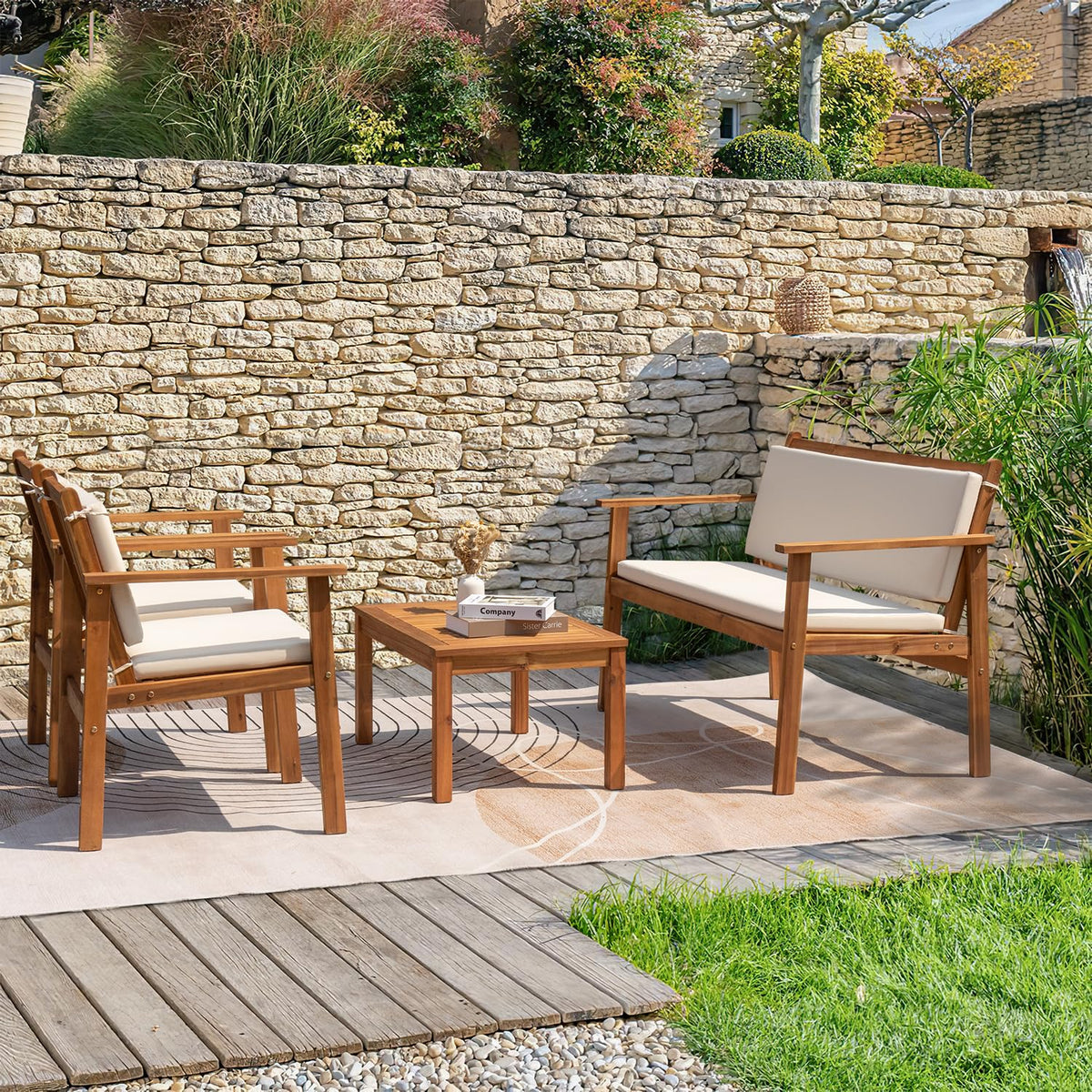 Greesum 4 Piece Patio Bistro Set Patio Furniture Outdoor Chat Table Chair Set with Water Resistant Cushions and Coffee Table for Beach Backyard Garden,Acacia Wood