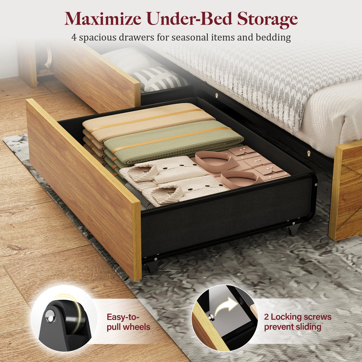 Uteeran King Size Bed Frame with Bedside Storage & 4 Drawers, Brown