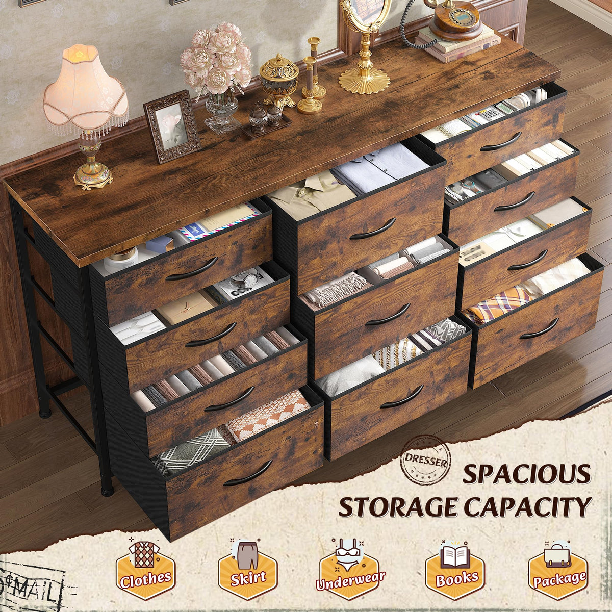 Romorgniz 47.2"W Long Dresser with 11 Fabric Drawers, TV Stand & Wooden Top