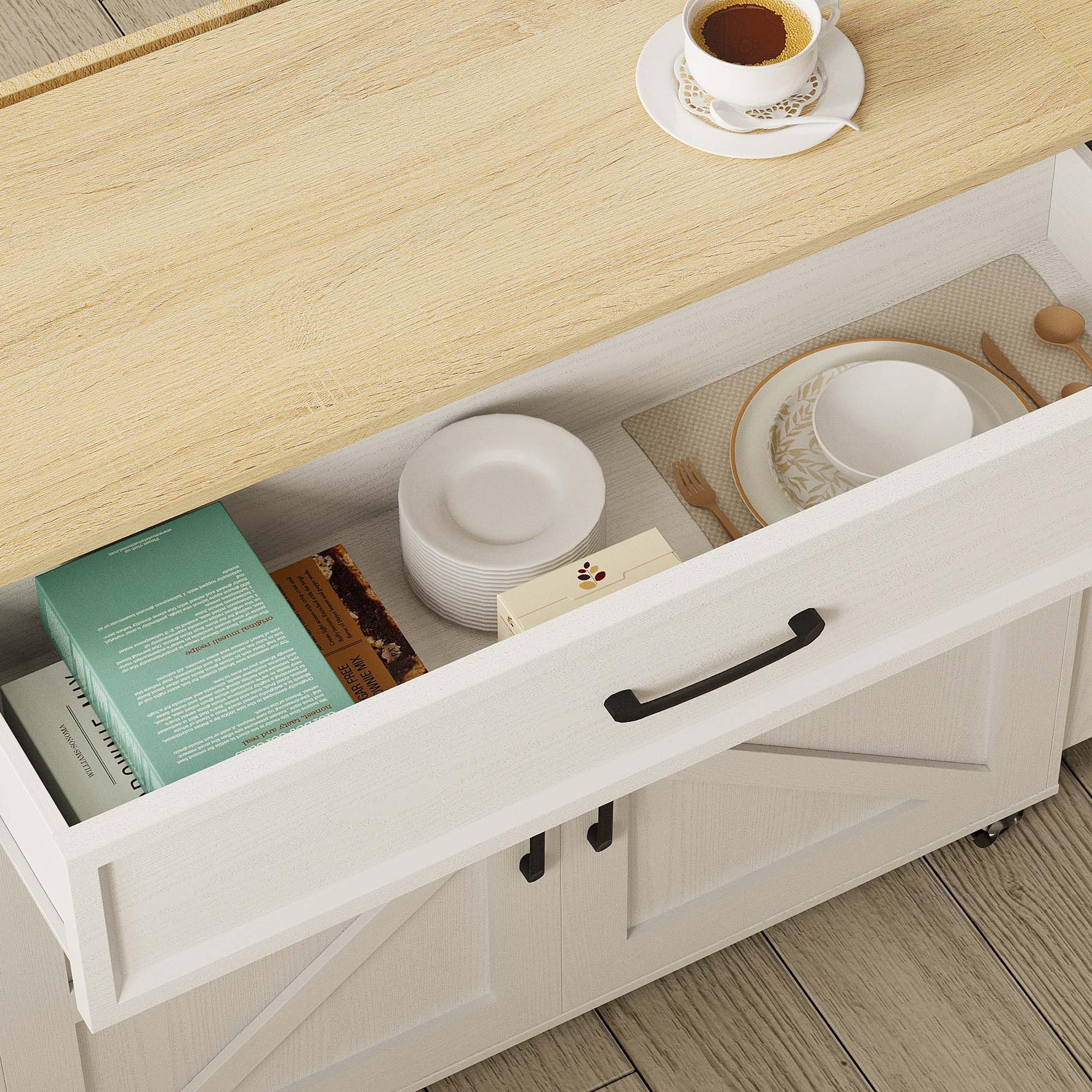 Kitchen Island Cart with Power Outlet & Drop Leaf