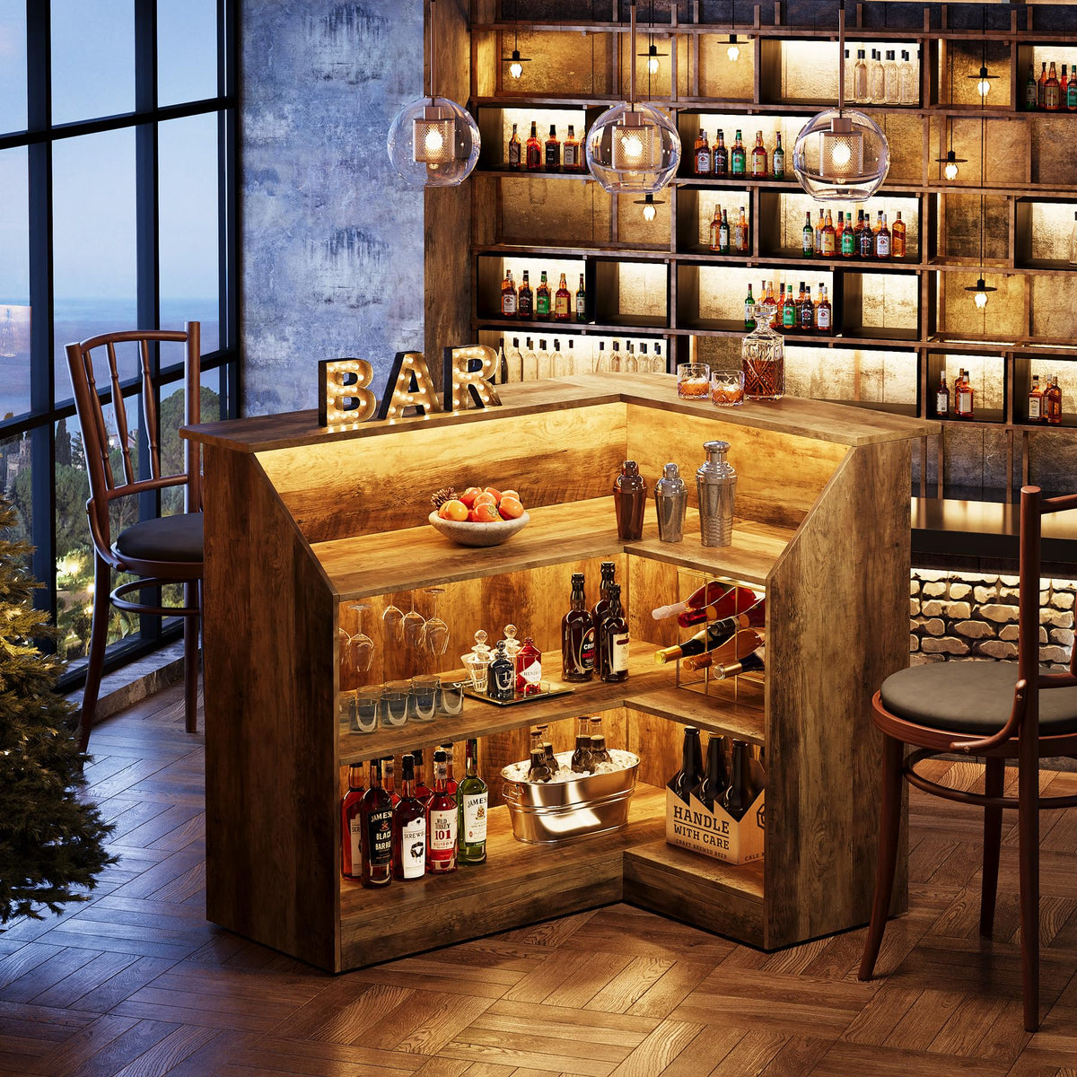Rustic L-Shaped Bar Cabinet