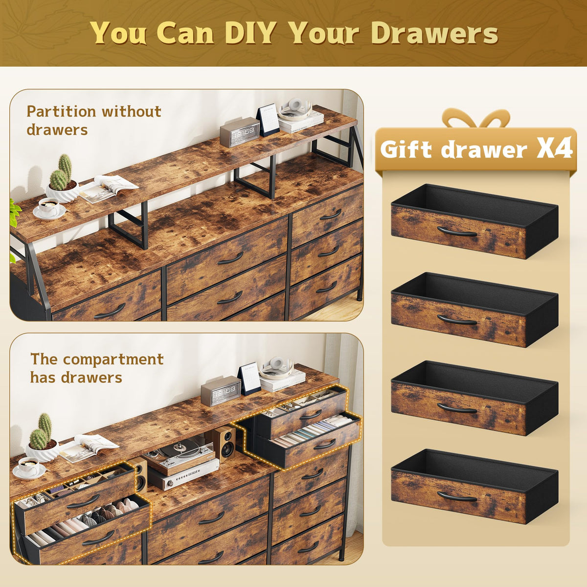 9-Drawer Fabric Dresser with Display Shelf