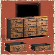 Romorgniz 55" Dresser for Bedroom with 12 Fabric Drawers, TV Stand for 60 inch TV Dressers & Chests of Drawers Large Organizer, Living Room, Metal Frame, Wood Top, Rustic Brown