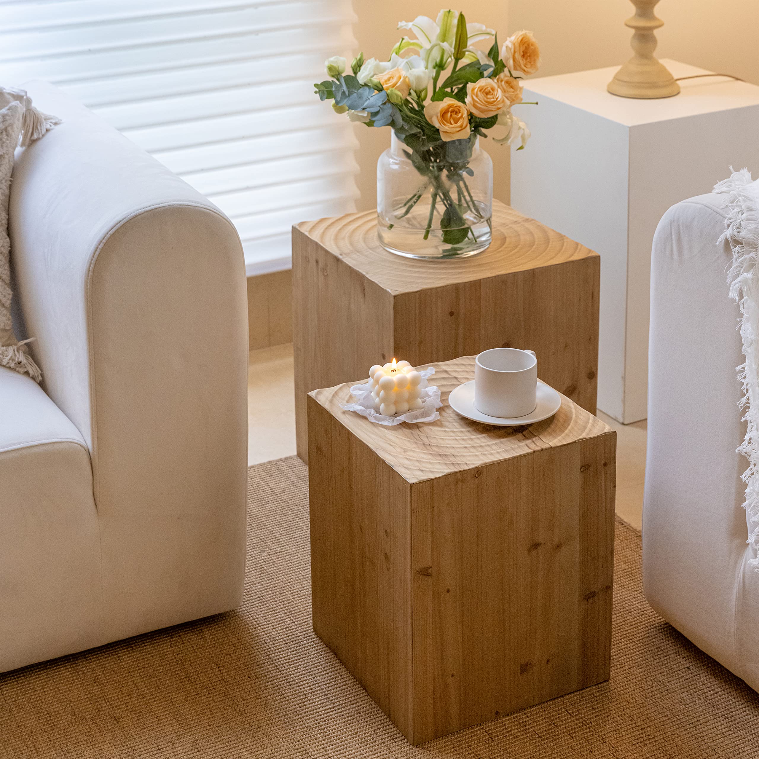 Wood Tree Ring Drum End Tables – Set of 2, Fully Assembled