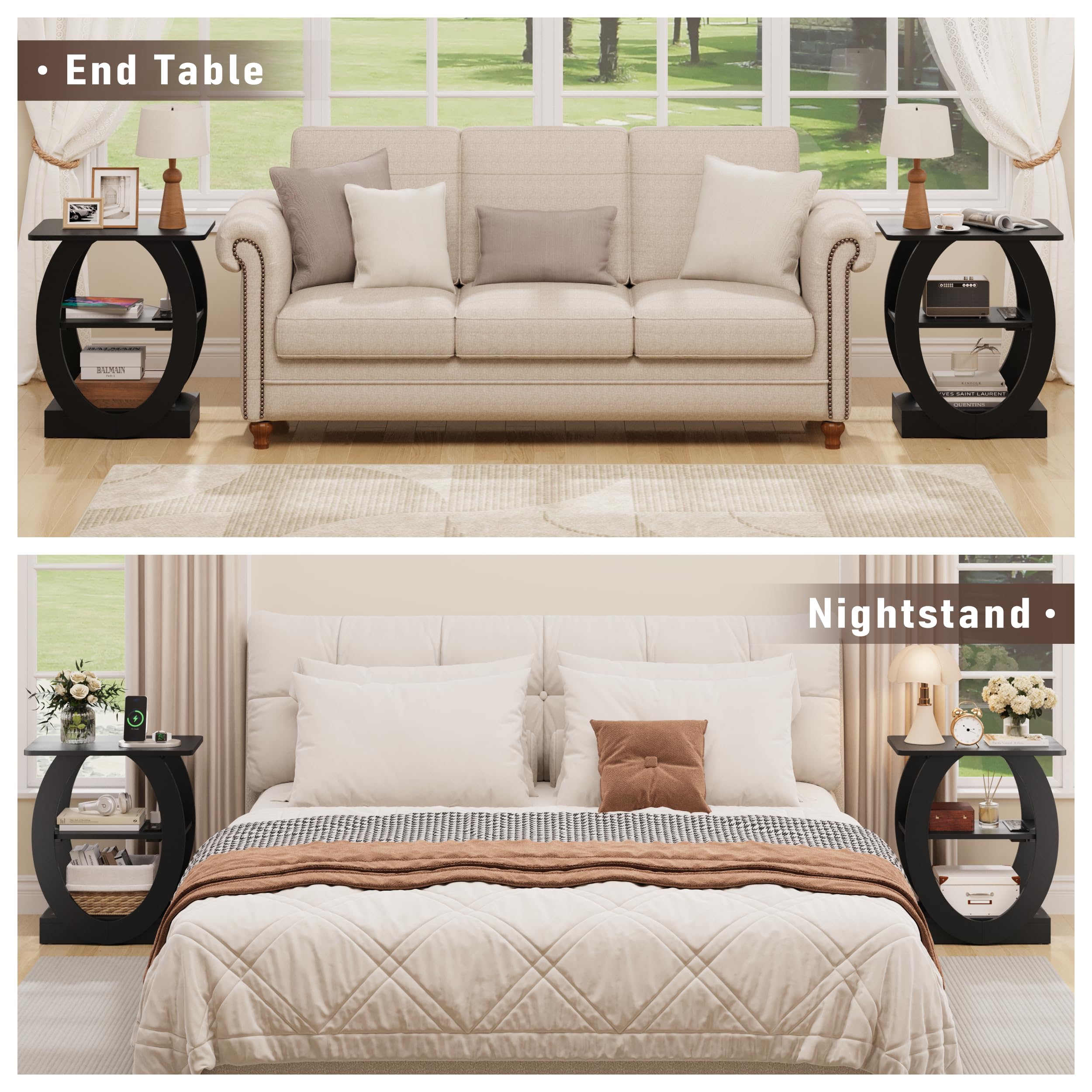 End Table Set of 2 with Charging Station, Black Side Table with USB Ports and Outlets for Living Room, Wood Nightstand with Large Storage Shelf for Bedroom Sofa Couch, Bedside Table Night Stands