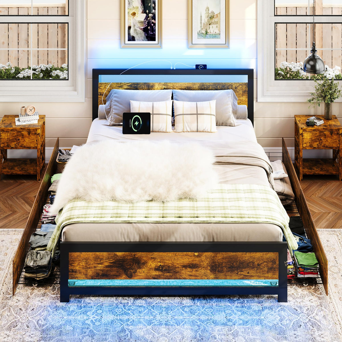 Ailisite Queen Size Bed Frame with Headboard & 4 Storage Drawers, Metal Platform Bed Frame Queen Size with Charging Station,Wood Queen Bed with LED Lights,No Box Spring Needed,Noise Free,Rustic Brown