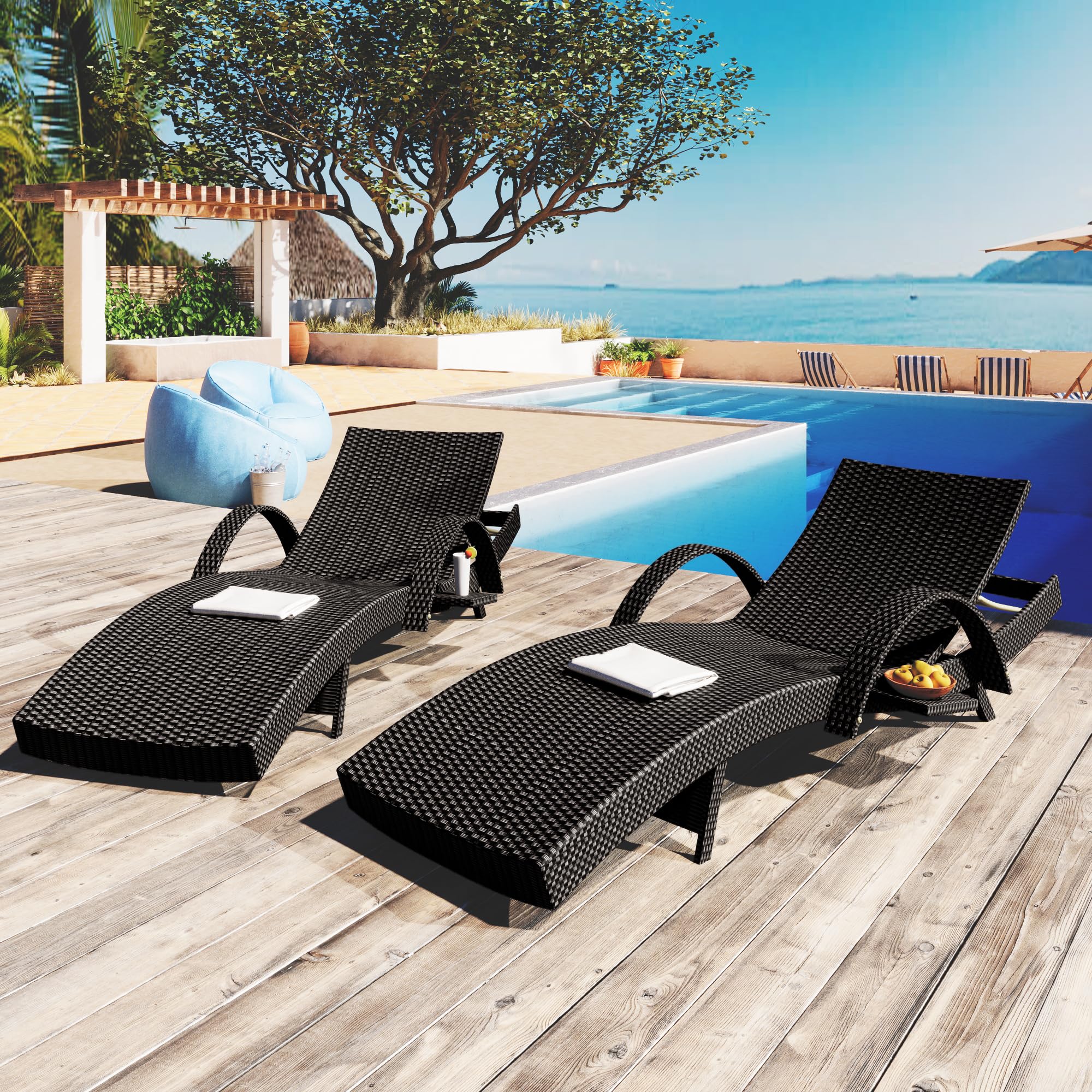 Outdoor Reclining Chaise Lounge Set of 2 with Pull-Out Side Table