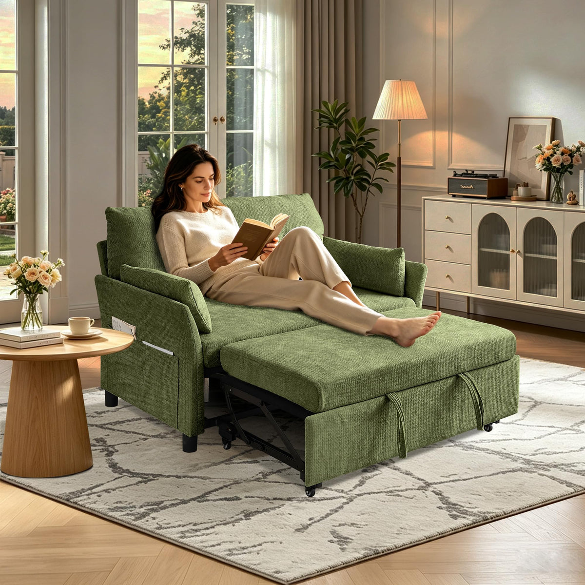 Green Linen Pull-Out Sleeper Loveseat