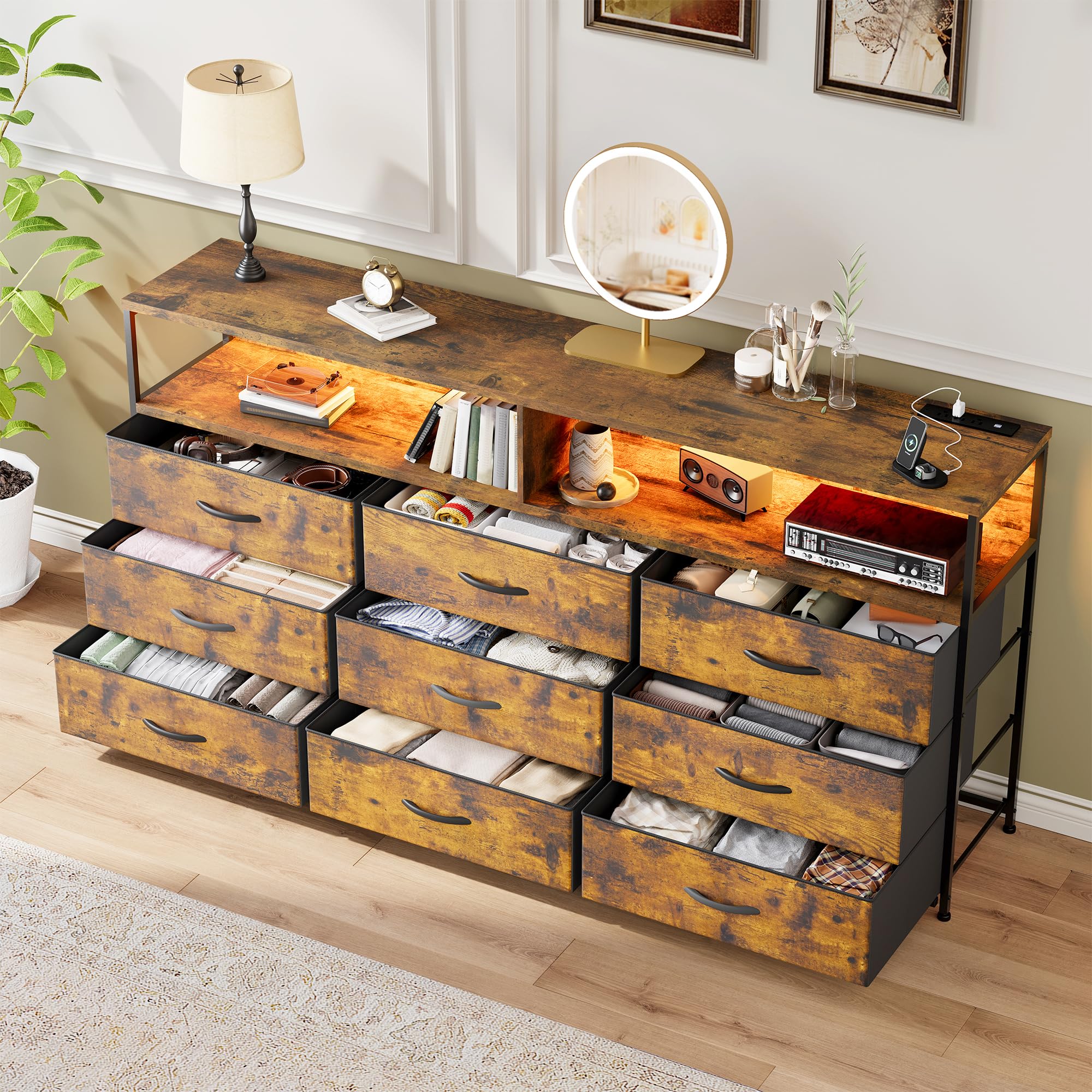 EnHomee 55" W Dresser for Bedroom with Charging Station & LED, 65/55 Inch TV Stand with 9 Fabric Drawers, Sturdy Dressers & Chest of Drawers with 2 Wood Storage Open Shelves,Entryway, Rustic Brown