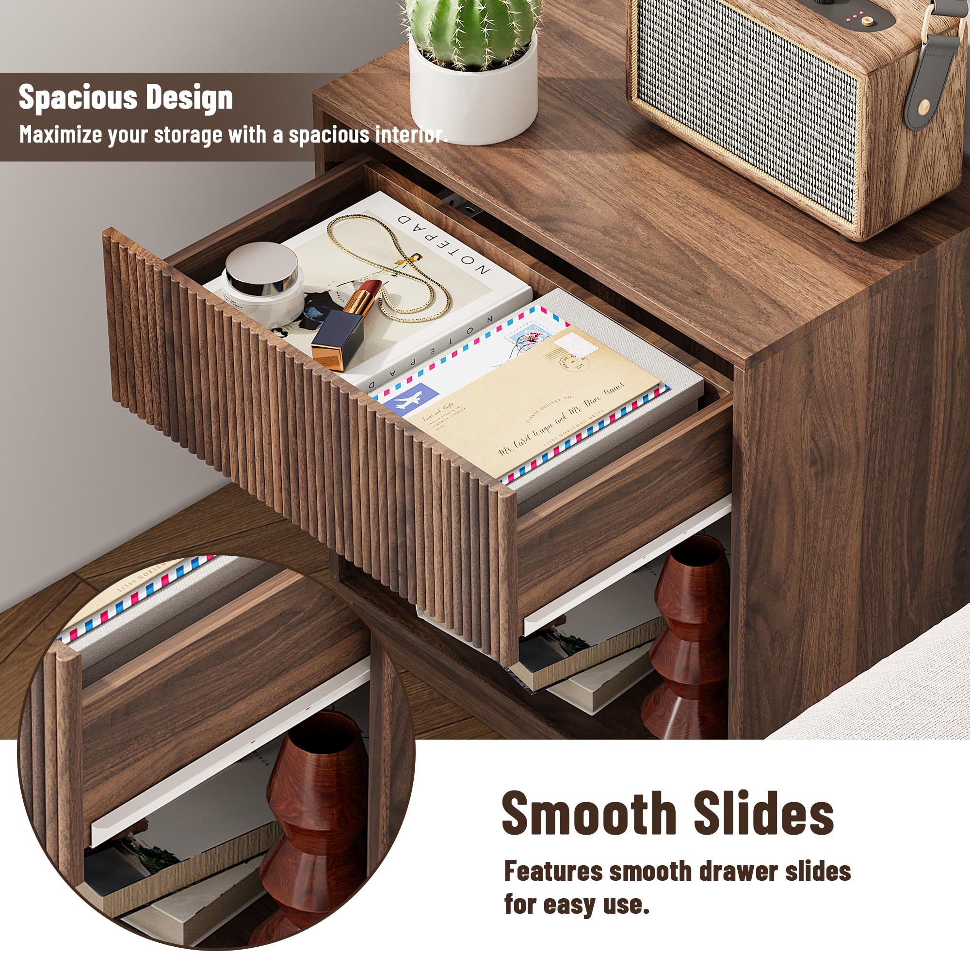 Nightstand Set of 2 with Drawer & Open Shelf