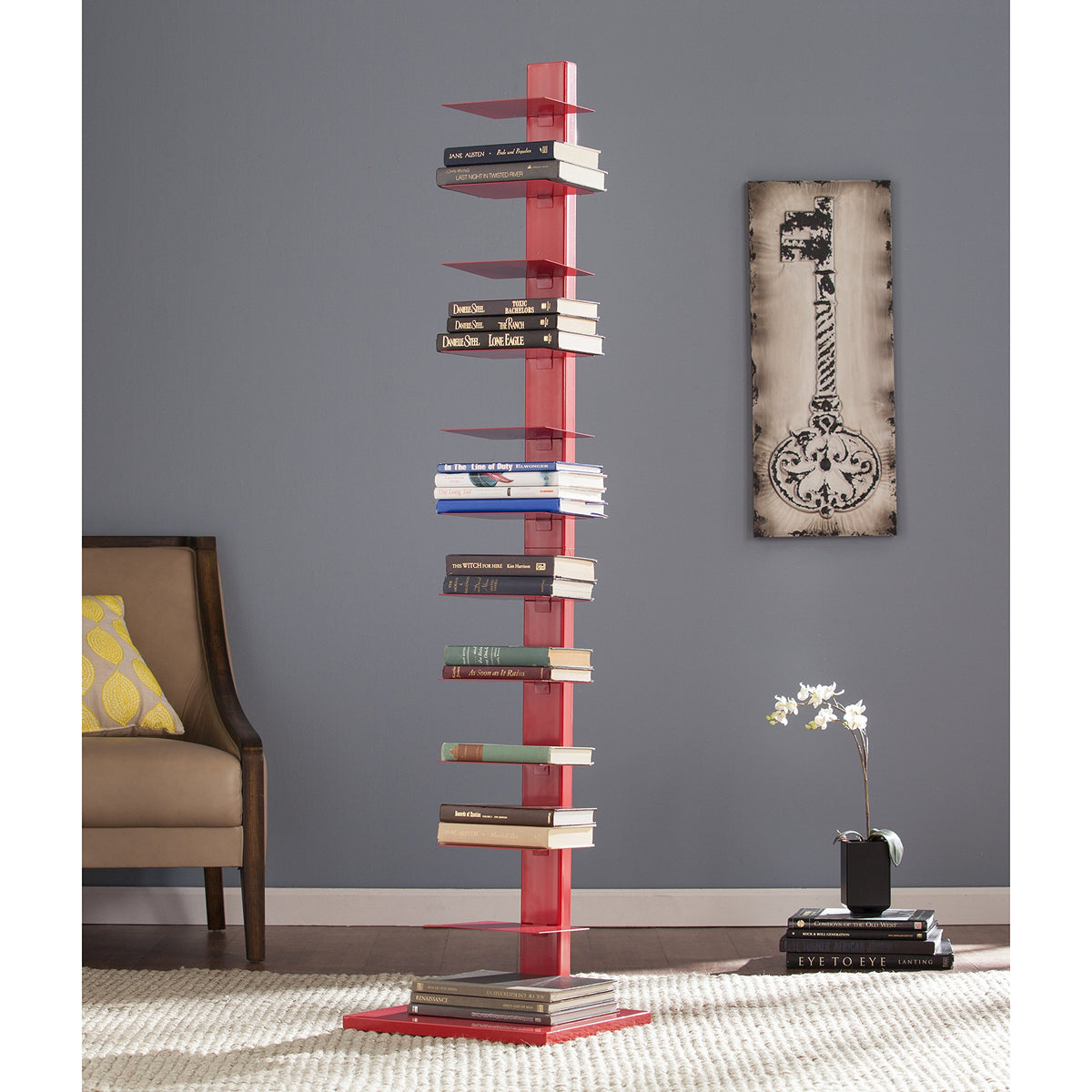 SEI Furniture - Stewartby Spine Tower Bookcase - Modern - Metal - 12 Shelves - Red - Adjustable - Space-Saving - Ideal for Home Office, Living Room, Dining Room, Bedroom (HZ9492)