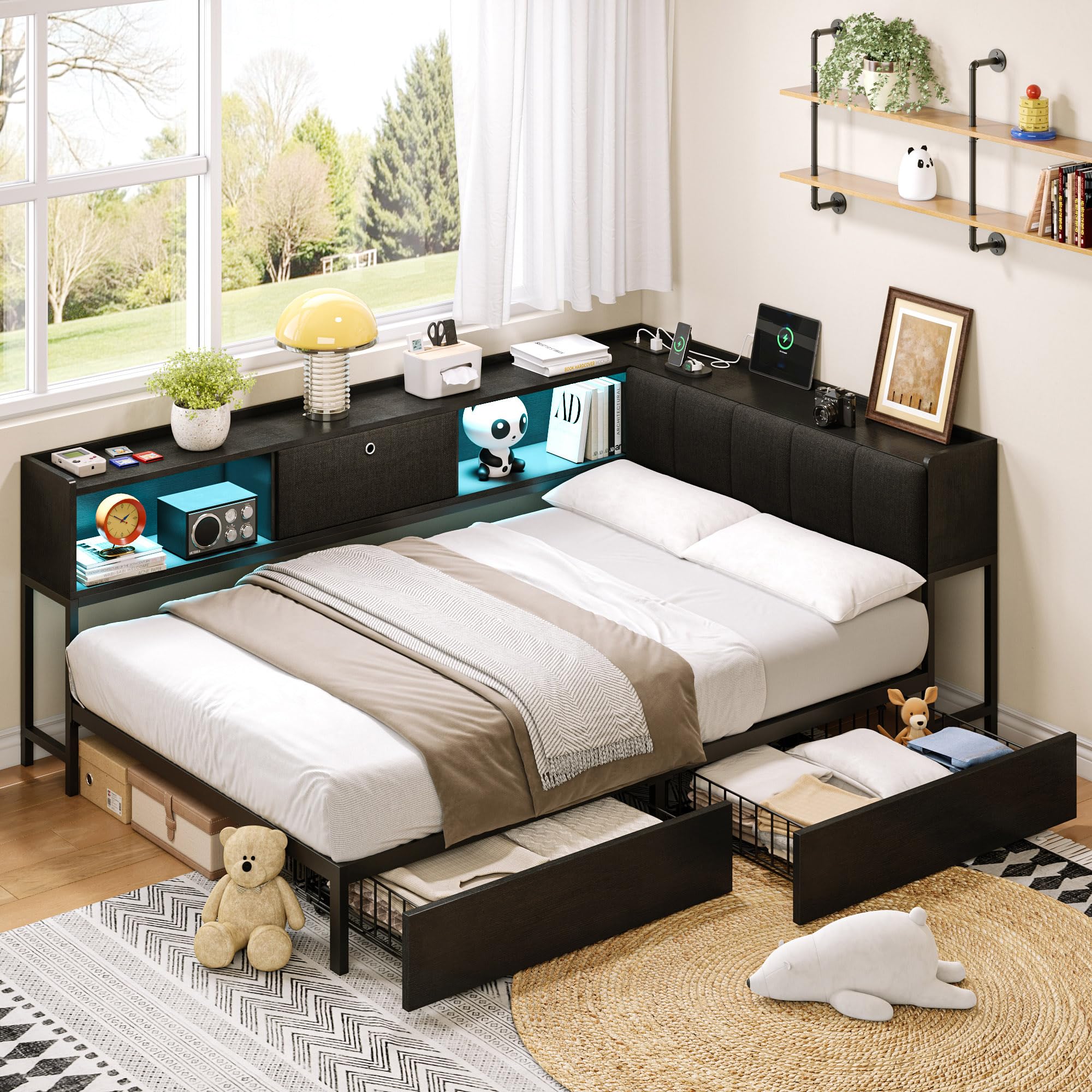 Einhomn Twin Corner Bed Frame, Modern Platform Bed with 2 Storage Drawers, Charging Station & LED Lights, Upholstered Bookcase Headboard Daybed, No Box Spring Needed, Black