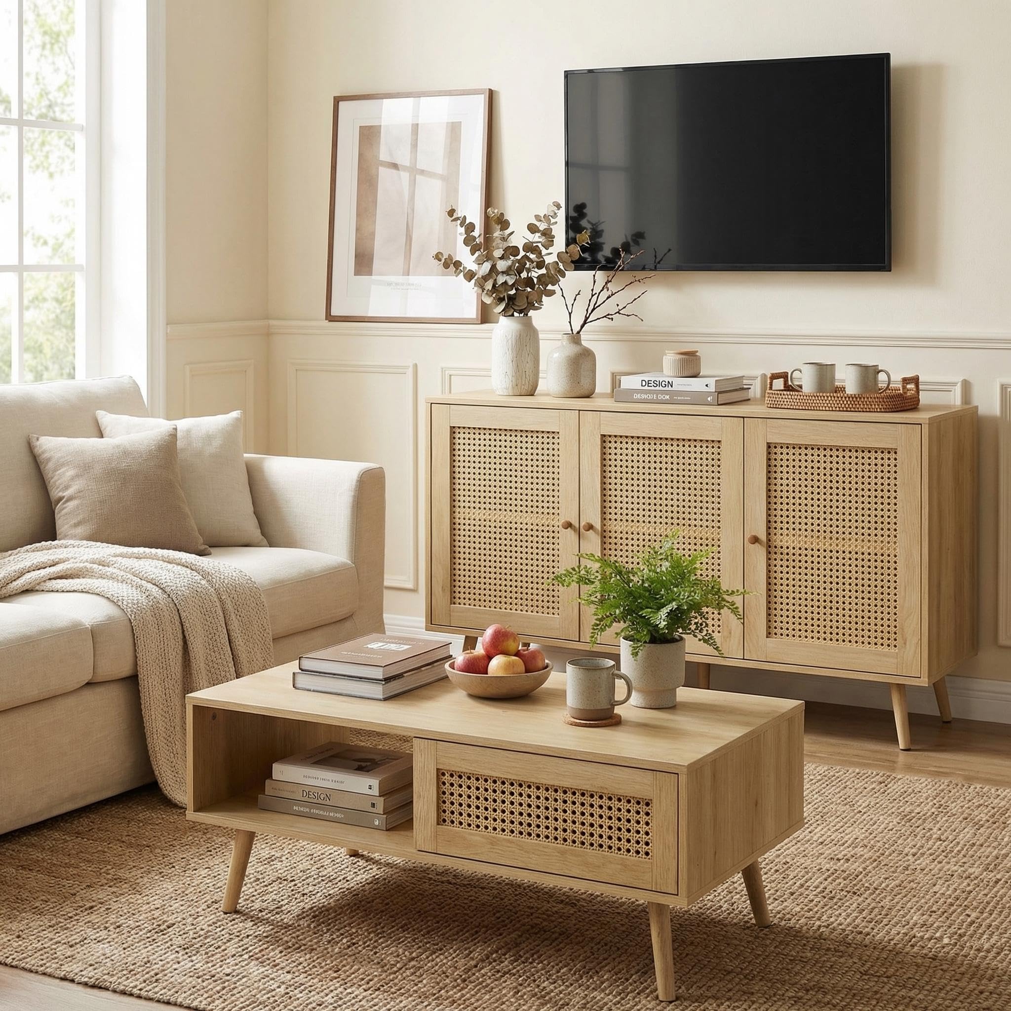 IDEALHOUSE Living Room Table Sets of 2, Includes 47" Rattan TV Stand Storage Cabinet for 55" TV, Farmhouse Coffee Table with Storage Shelf for Bedroom
