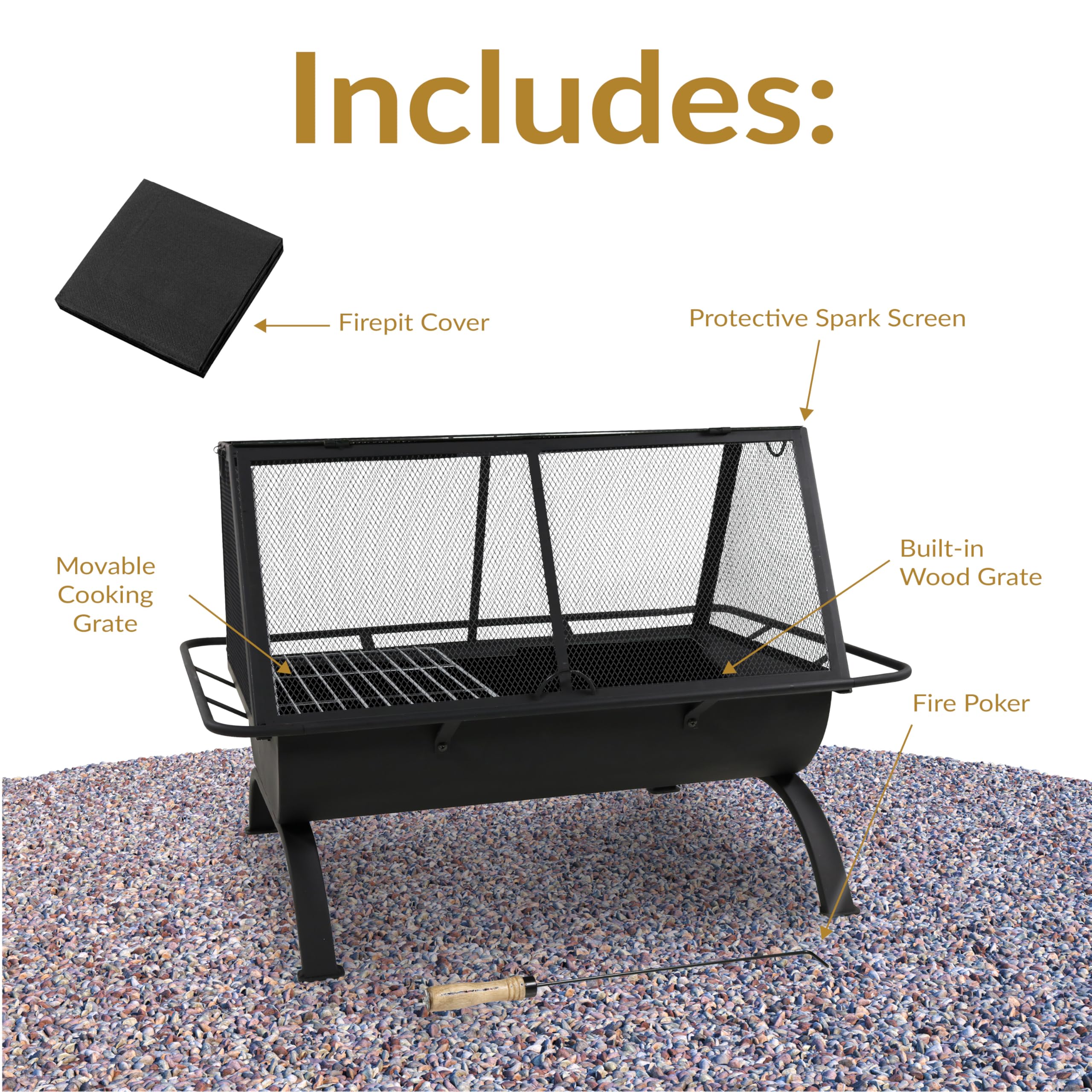 36-Inch Rectangular Steel Fire Pit with Grill & Accessories