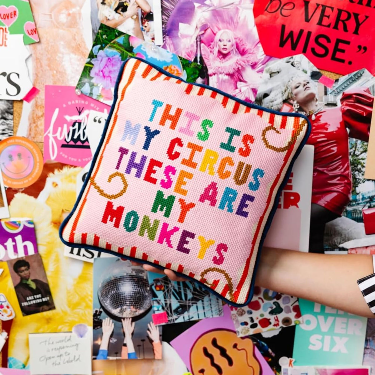 FURBISH This is My Circus These are My Monkeys Needlepoint Pillow