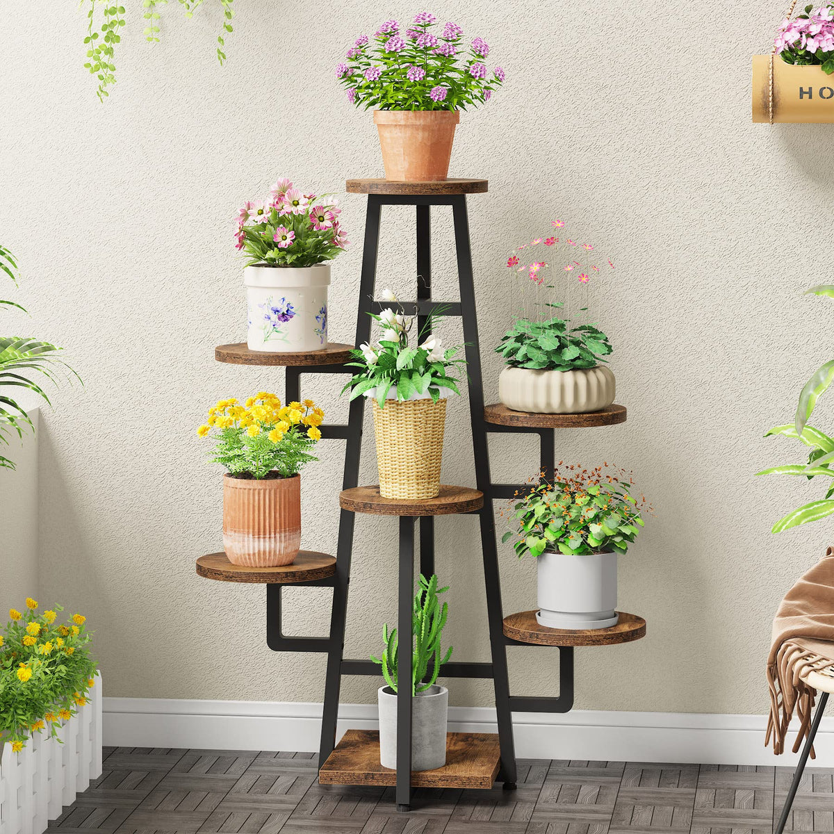 LITTLE TREE 7 Tier Plant Stand Indoor Tall Plant Shelf Corner Plant Pots Holder Rack Flower Stand for Living Room Balcony Garden, Rustic Brown