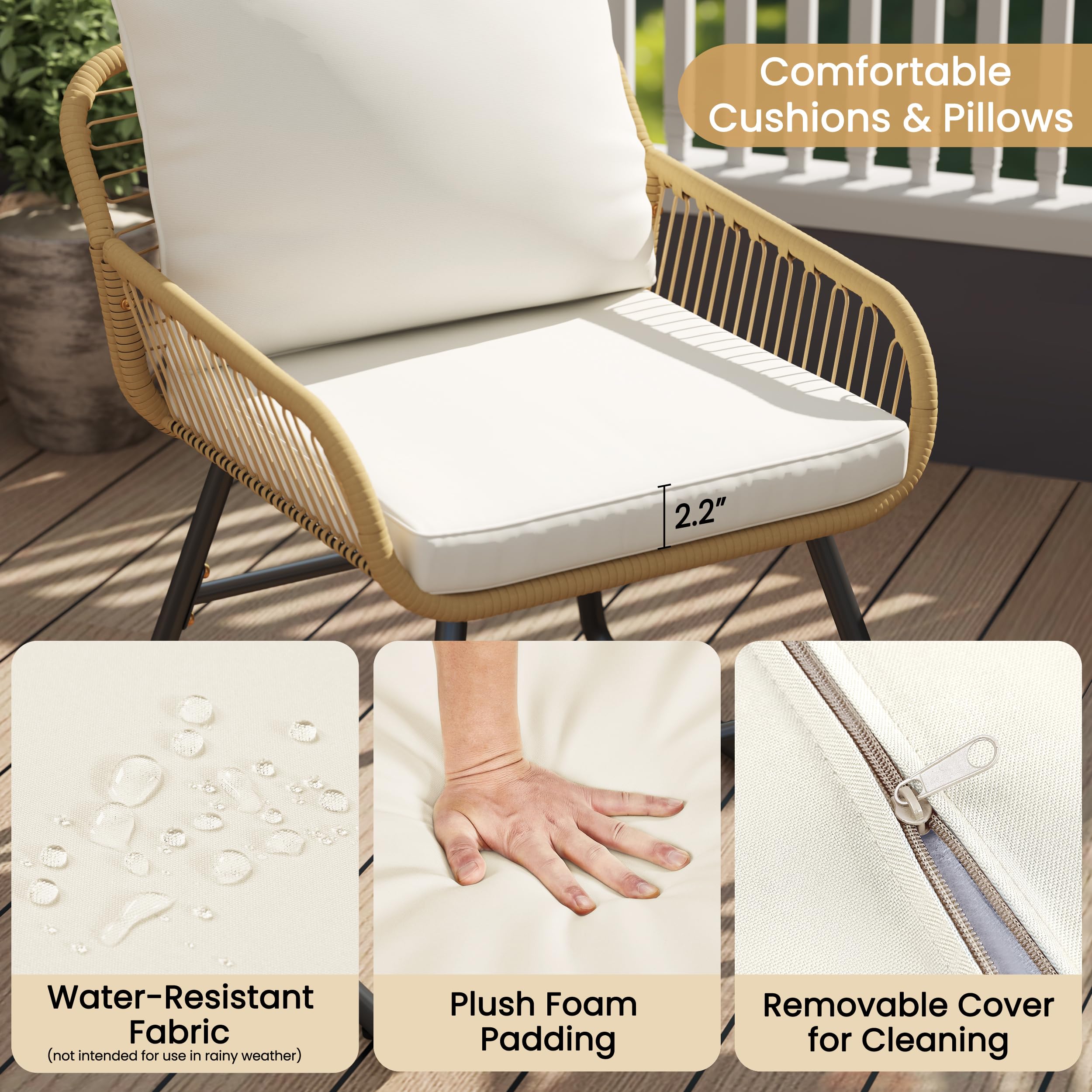 Yaheetech 3 Piece Patio Bistro Set Outdoor Wicker Bistro Furniture Sets, 2 Rattan Chairs and Glass Top Table for Patio, Balcony, Porch, Poolside, Backyard - Tan/Cream