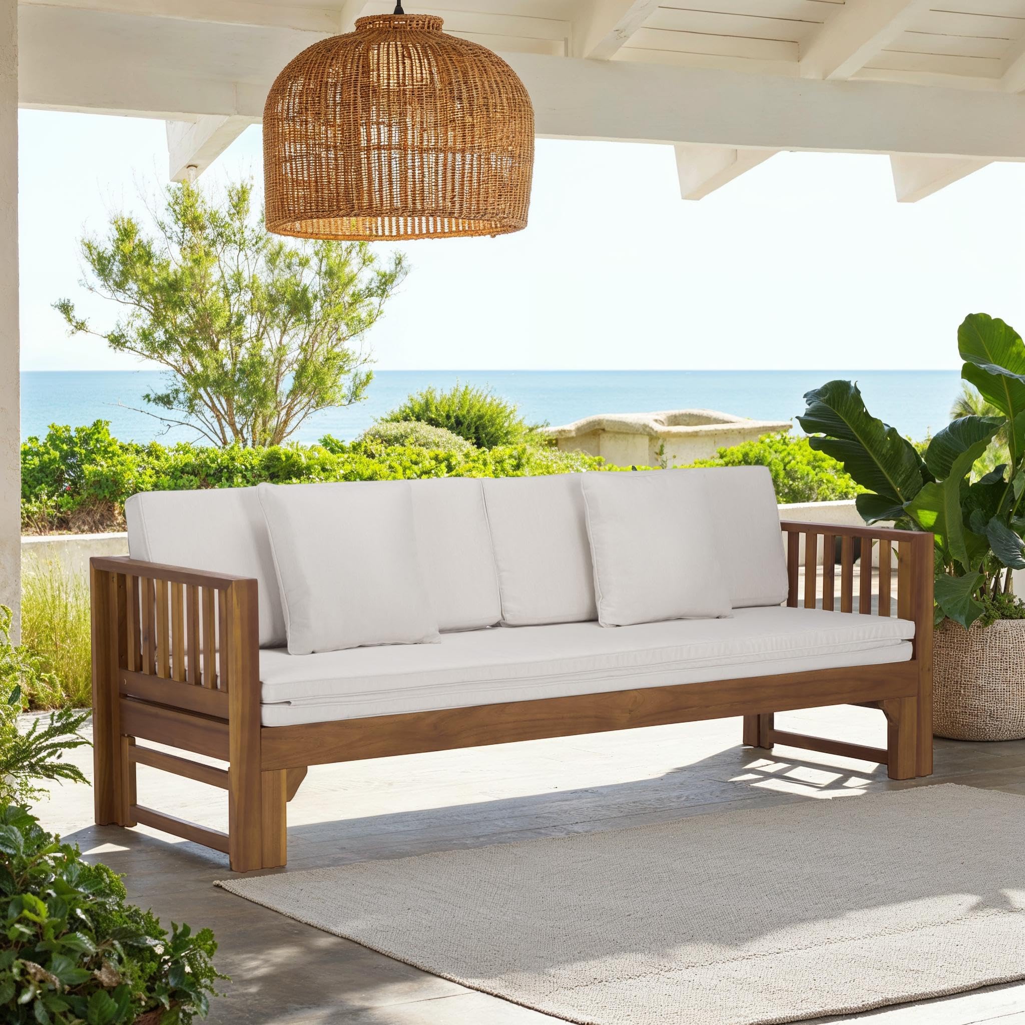 SAFAVIEH Outdoor Patio Furniture Collection - Napoli Brown & Cream Solid Wood Bench Convertible Daybed with Cushions, Versatile Patio Seating (PAT6805A)