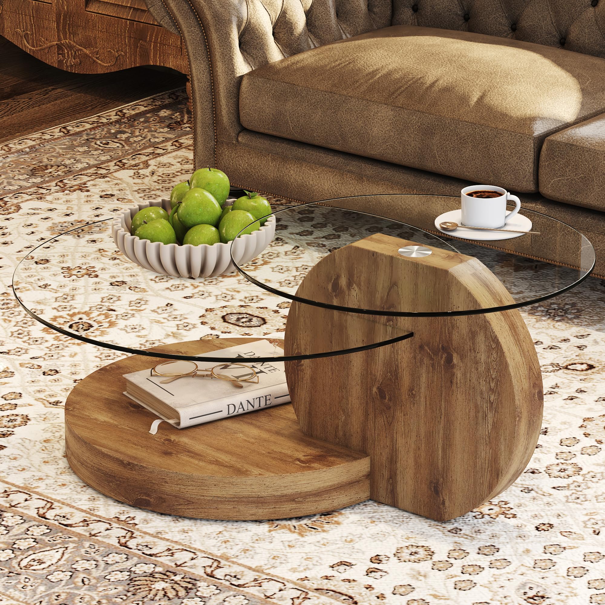 Round Glass Coffee Table with Wood Base & 3-Tier Storage