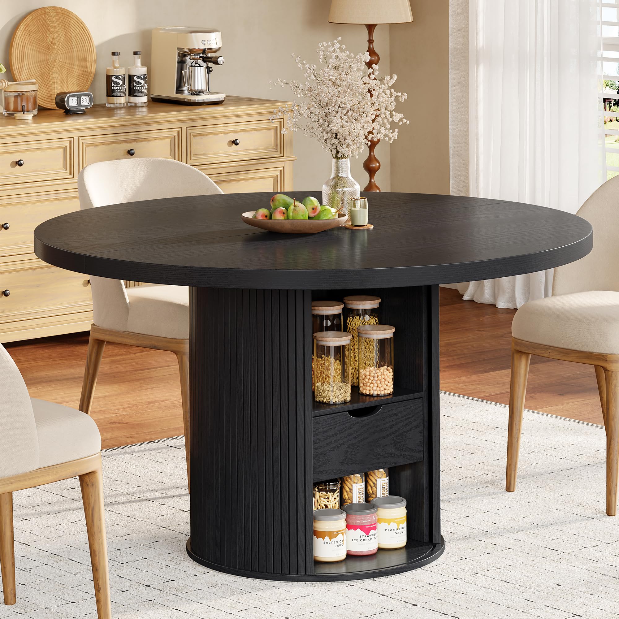 47 Inch Round Dining Table for 4-6, Farmhouse Kitchen Table with 2-Layer Storage Shelf & Drawer and Sliding Door, Sturdy Wooden Dining Table with Fluted Pedestal Base for Kitchen, Living Room, Black