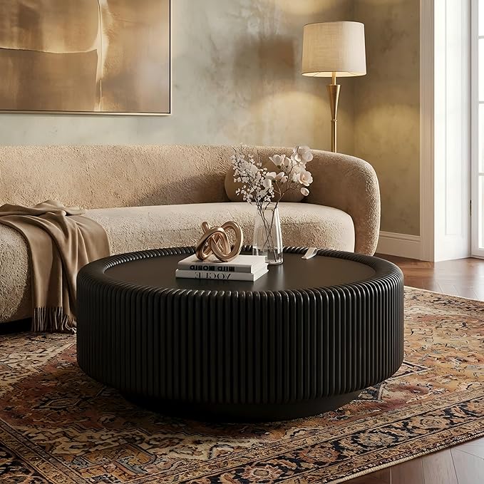 Round Fluted Coffee Table with Glass Top & Hidden Storage