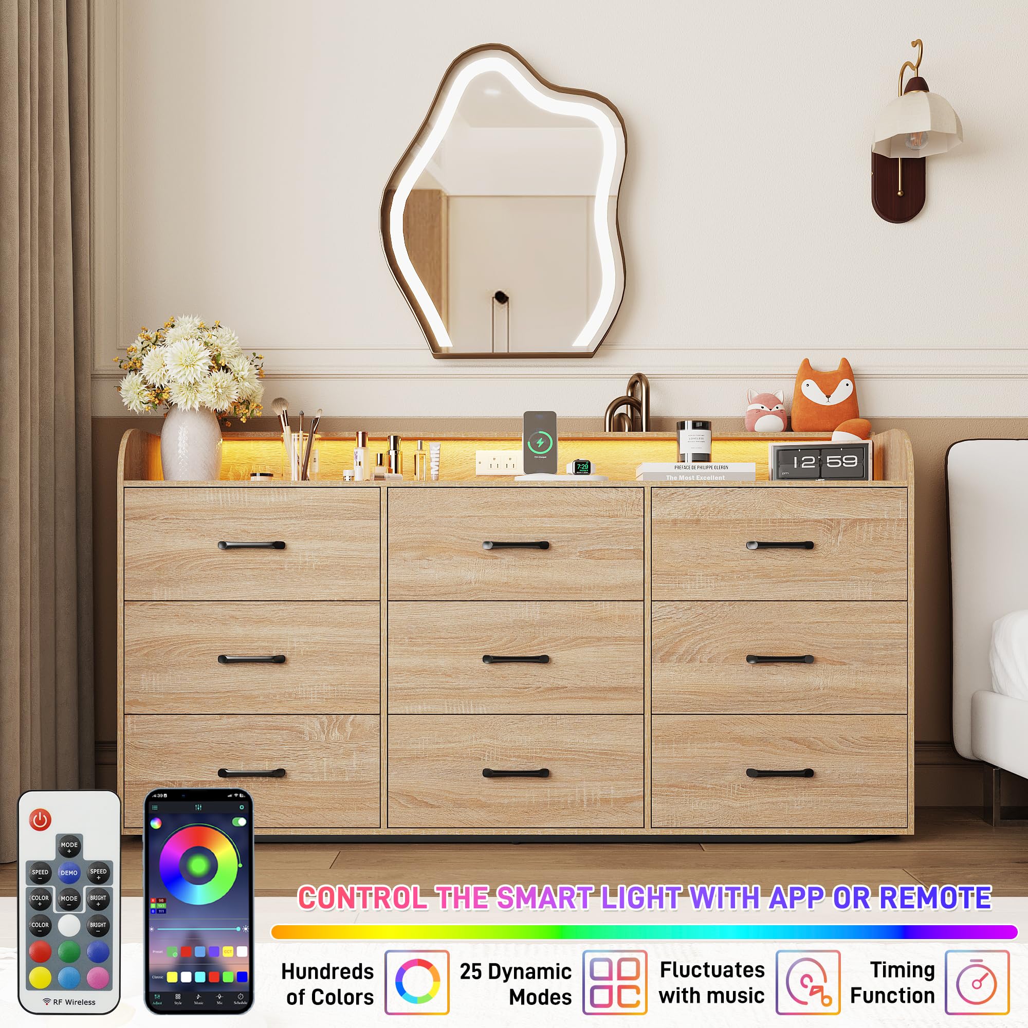 9 Drawers Dresser for Bedroom, 63" Wood Dresser with Power Outlet, LED Lights and Deep Drawers, Wide Chest of Drawers, Modern Minimalist Closet Dressers for Kids Bedroom, Living Room, Nursery, Oak
