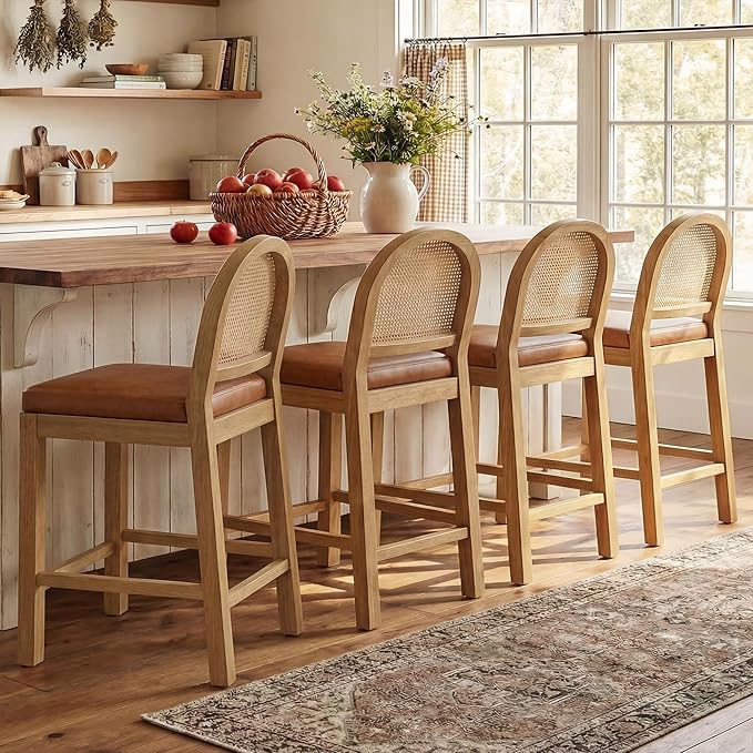 Rattan Bar Stools Set of 4 with Chenille Seat