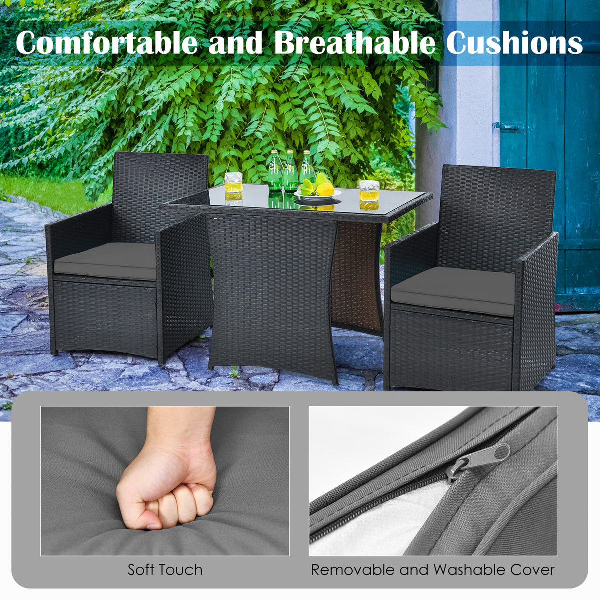 DORTALA Wicker Patio Bistro Set 3 Piece, Outdoor Table and Chairs with Tempered Glass Tabletop, Cushions, Small Rattan Furniture Conversation Sofa Set for Balcony, Porch, Backyard, Deck, Grey
