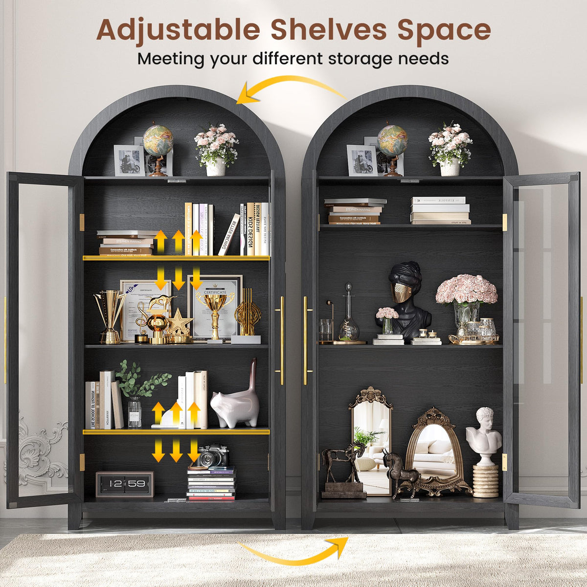 LVSOMT Arched Display Cabinet with Glass Doors and LED Light, 71” Tall