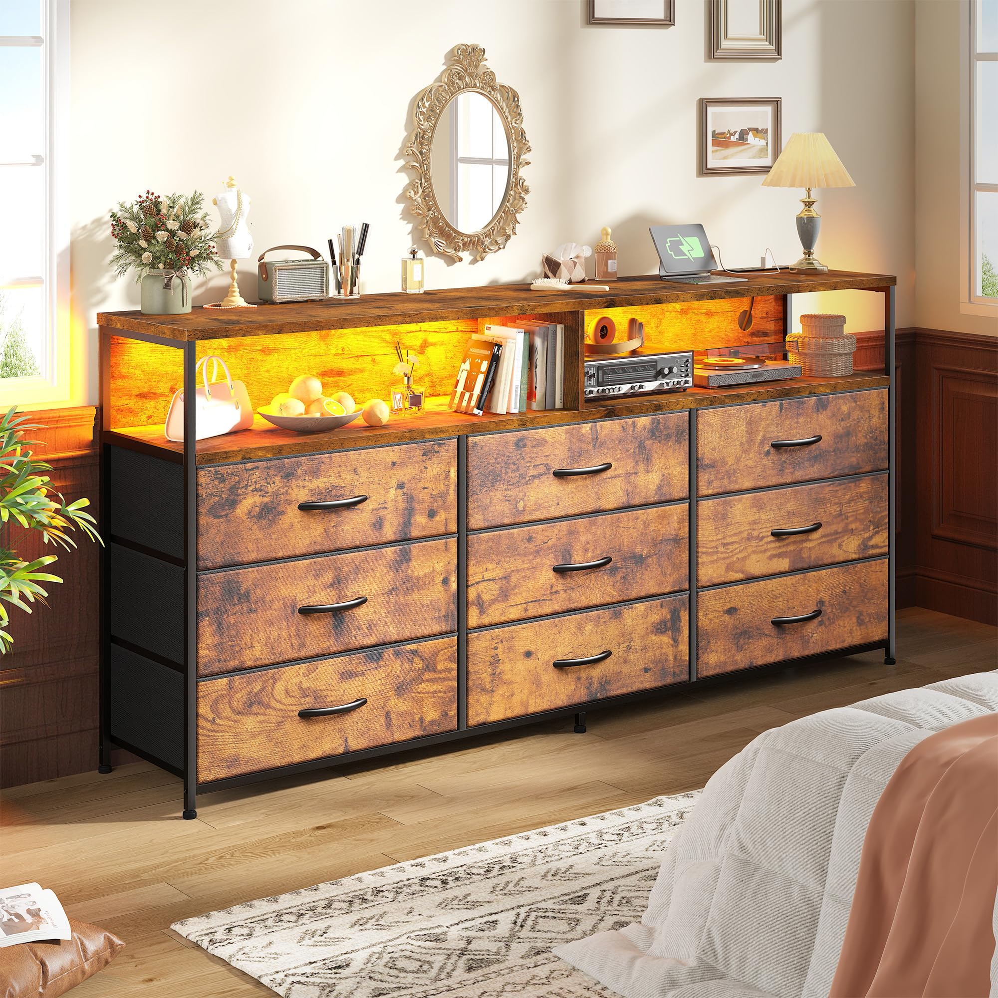Romorgniz 55" W Dresser for Bedroom with 9 Drawers, LED TV Stand with Power Outlets for 45, 55, 65 Inch TV, Sturdy Long Chest of Drawers with Extra 2 Wooden Shelves, Rustic Brown