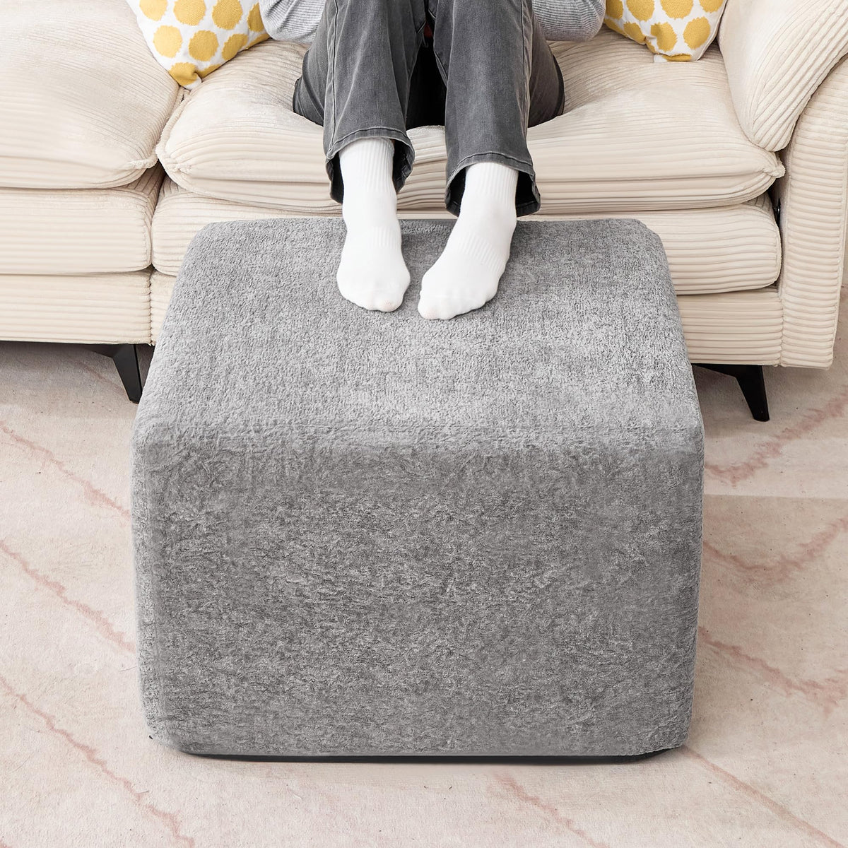 PoteSoar 23.6'' Square Pouf Boneless Ottoman Foot Rest with High-Rebound Solid One-Piece Foam and Removable Washable Cover for Living Room, Gaming, Movie Watching - Grey