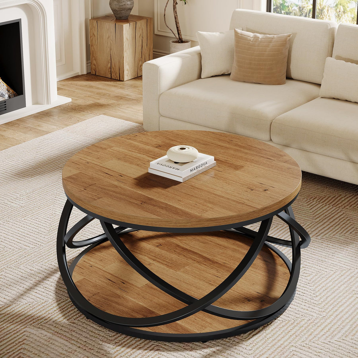 Round Coffee Table with Storage Shelf
