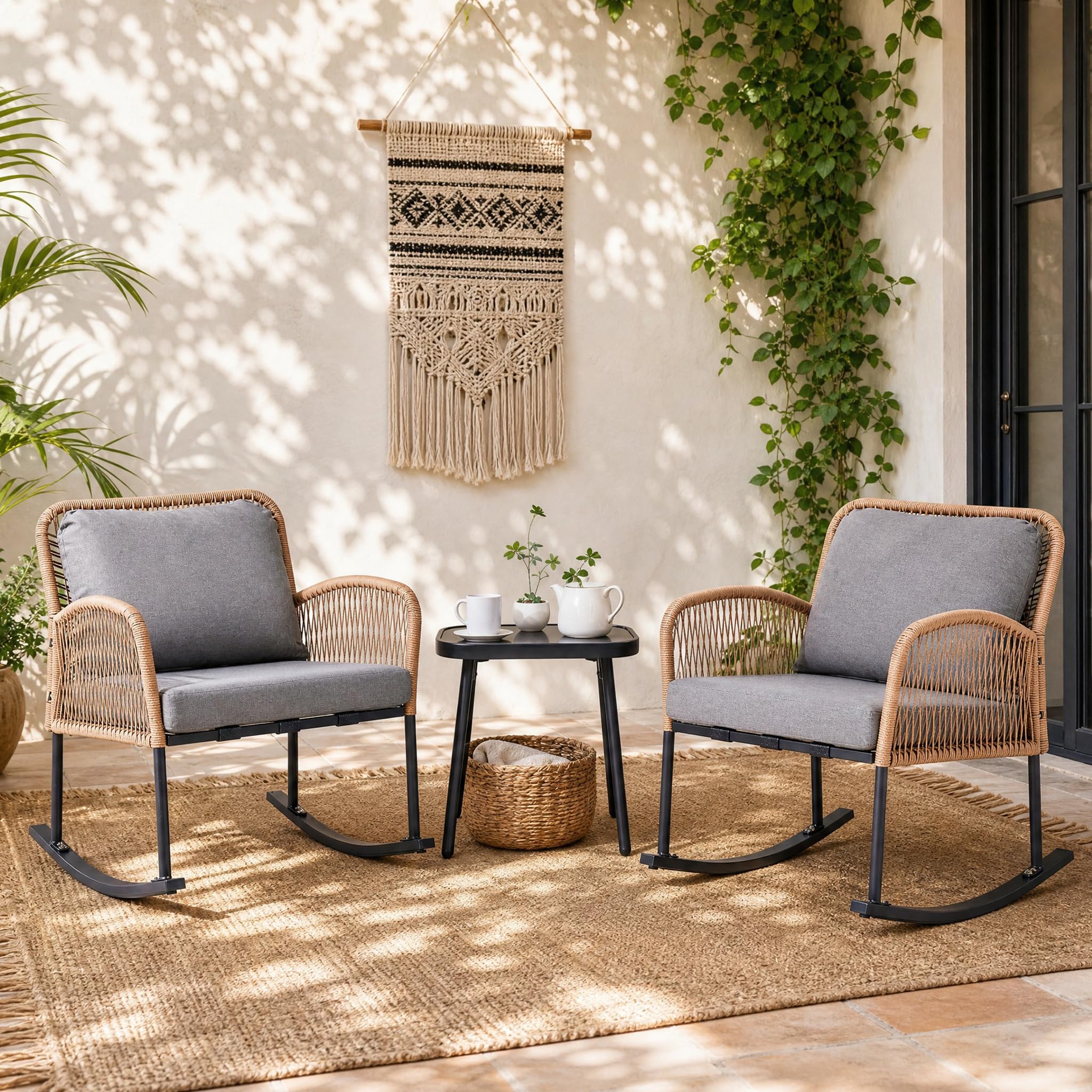 PAZDQ 3-Piece Patio Rocking Bistro Set, Outdoor Hand-Woven PE Wicker Furniture, All-Weather Rattan Bistro Sets & Minimalist Side Table for Porch, Garden, Backyard, Grey
