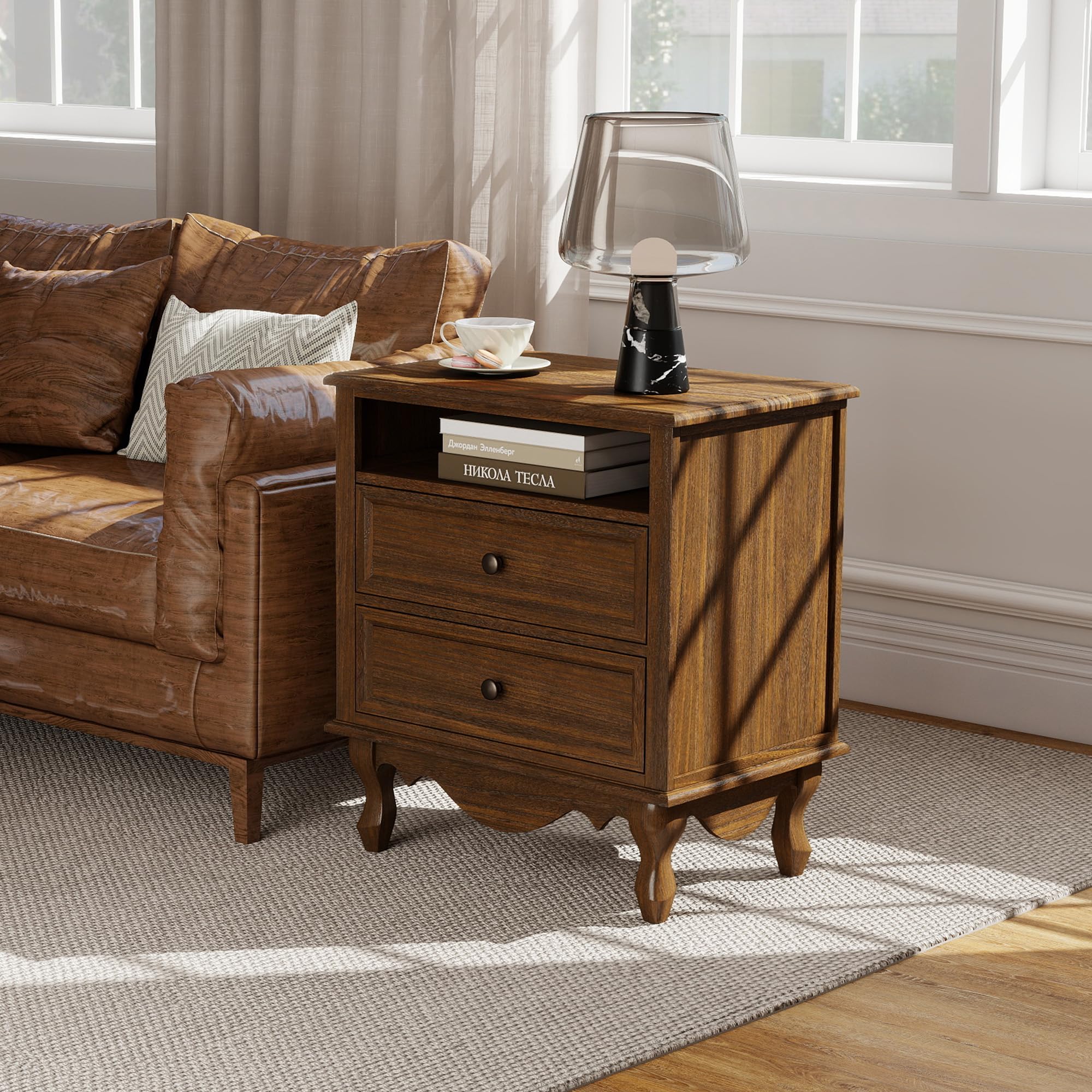 Nightstand with 2 Drawers, Open Shelf & Charging Station
