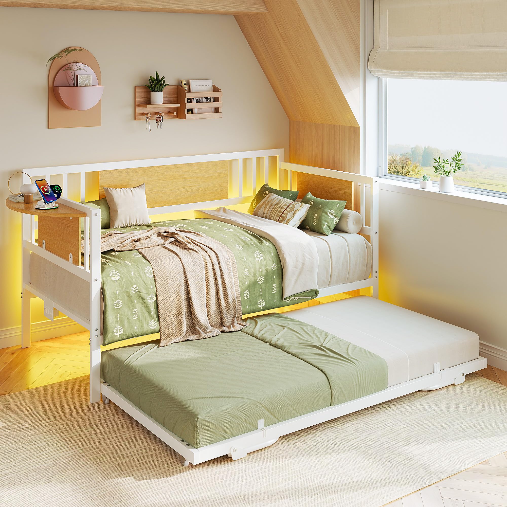 Twin Daybed with Trundle, LED Lights & Charging Station