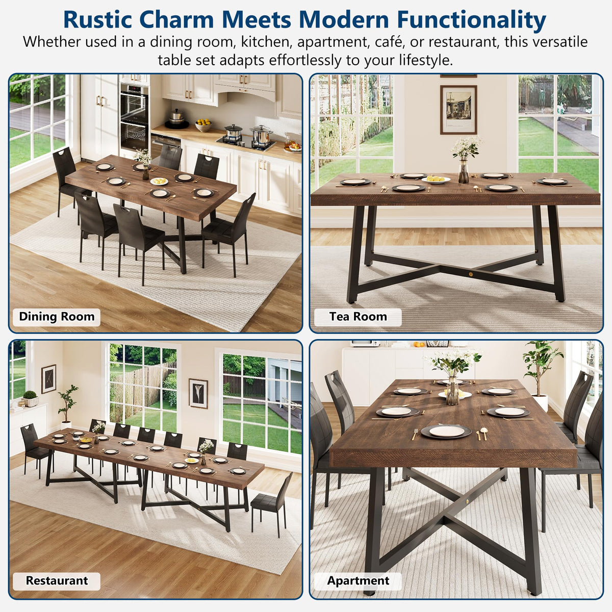 St.Mandyu 7 Pcs 71 inch Farmhouse Dining Table with Chairs Set for 6,Brown
