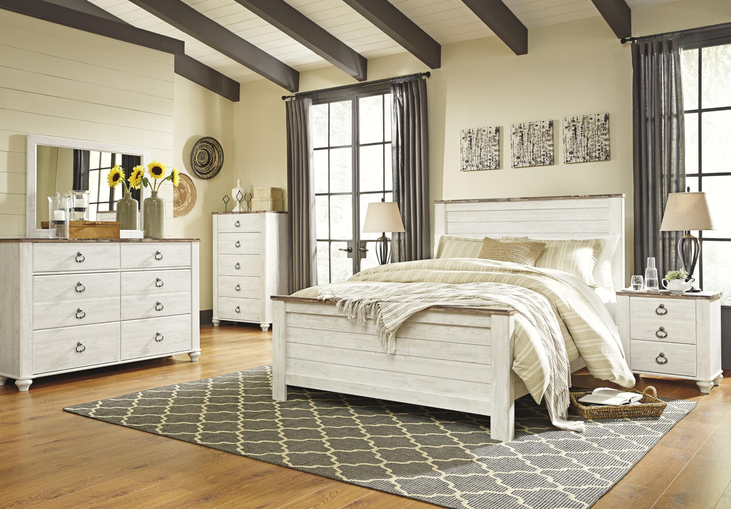 Signature Design by Ashley Willowton Coastal Cottage 6 Drawer Dresser with Faux Plank Top, Whitewash