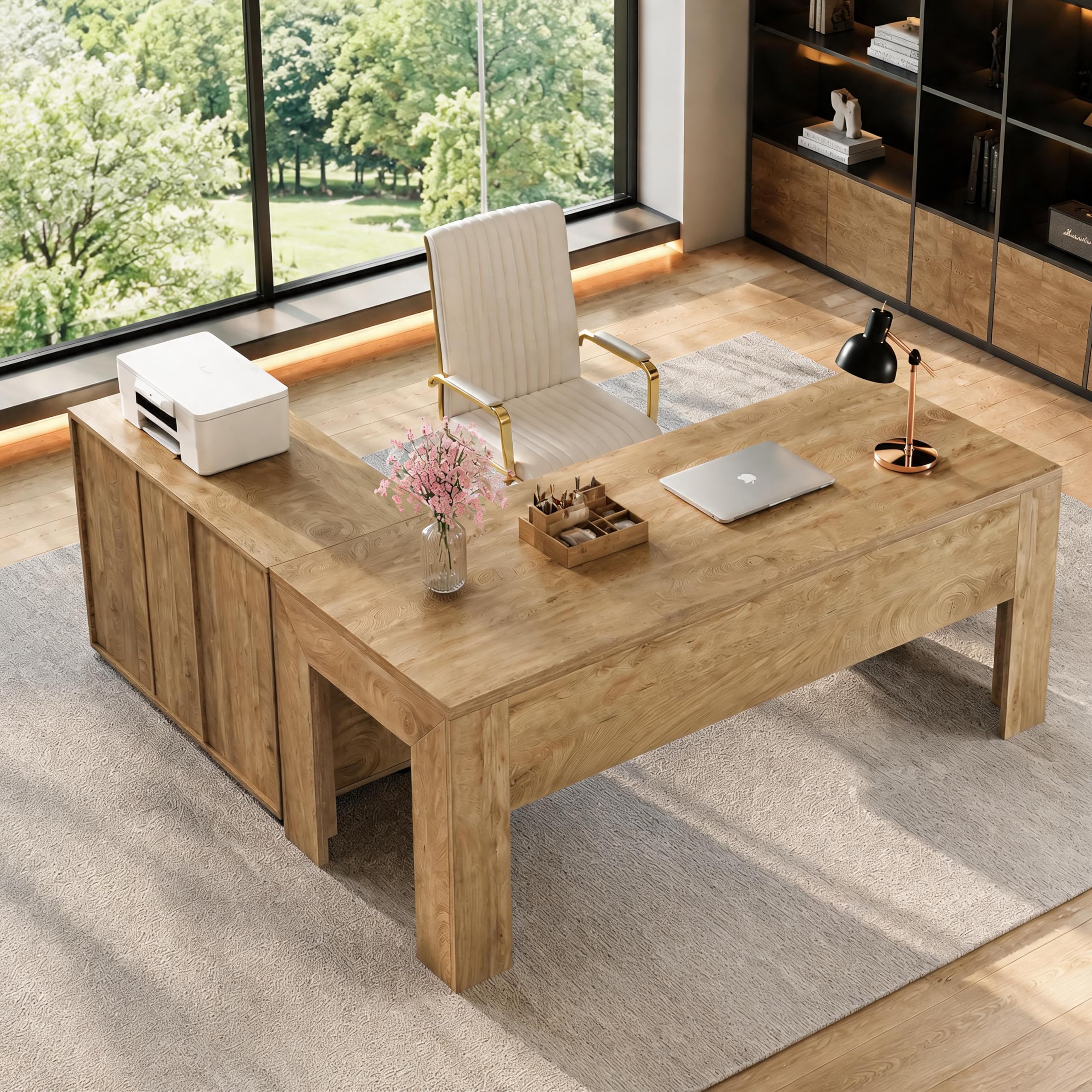 Tribesigns 63'' L Shaped Office Desk with Drawers and Shelves,Large Executive Desk with Rolling File Cabinet Combo,Home Office Computer Desk,Brown