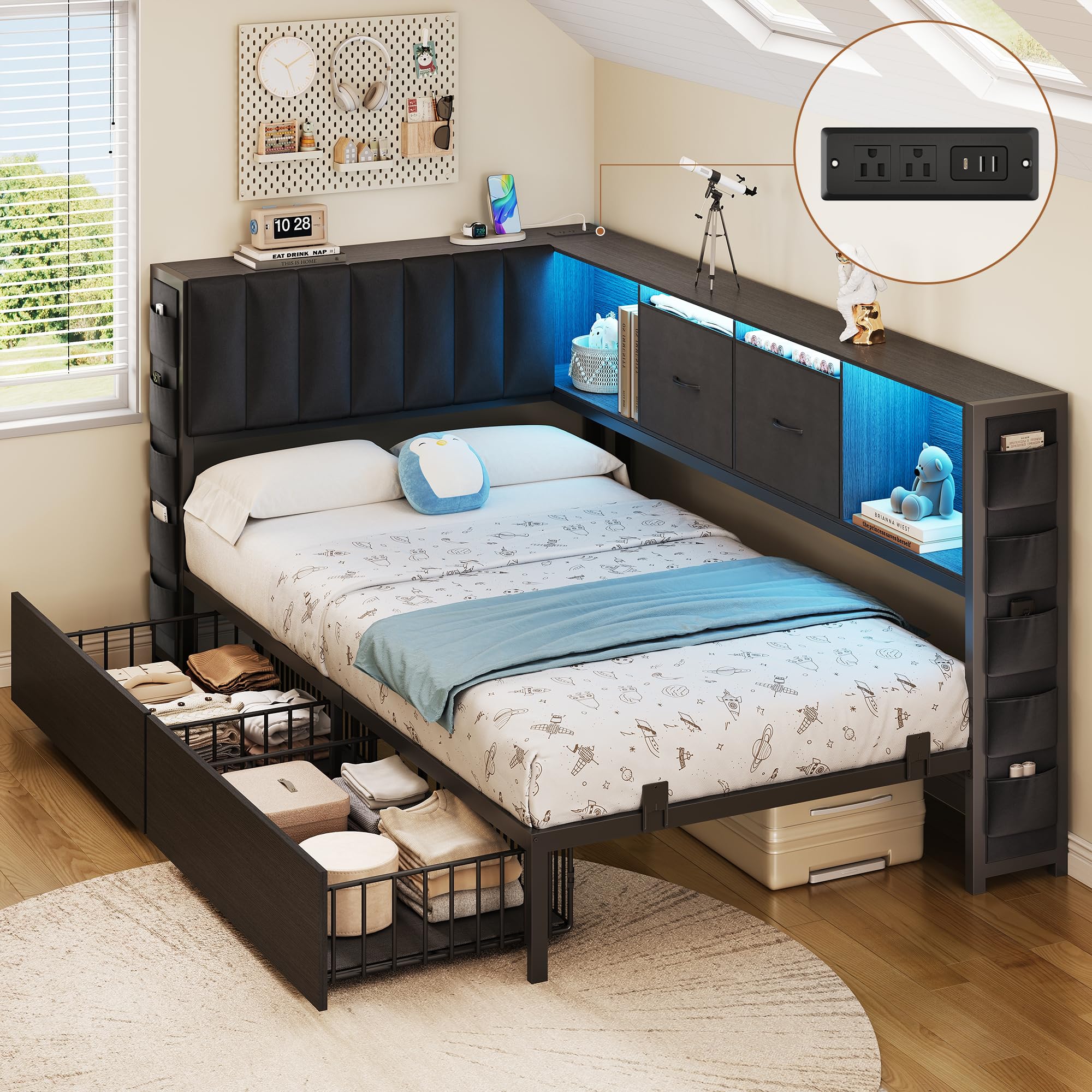 L-Shaped Corner Bed Frame with Storage & LED
